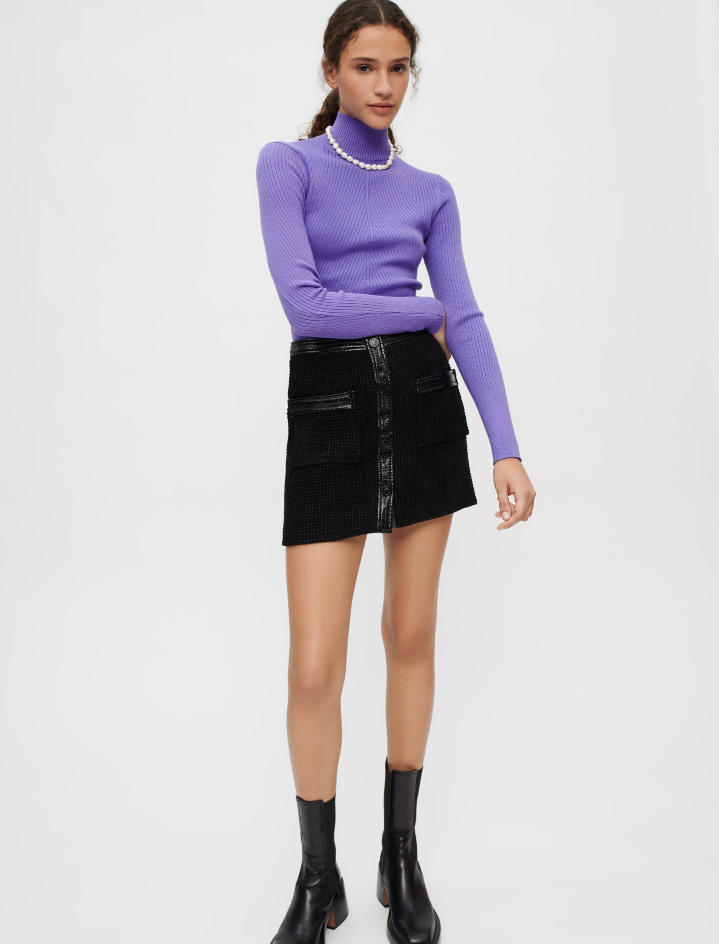 Maje Velvet and vinyl tweed skirt