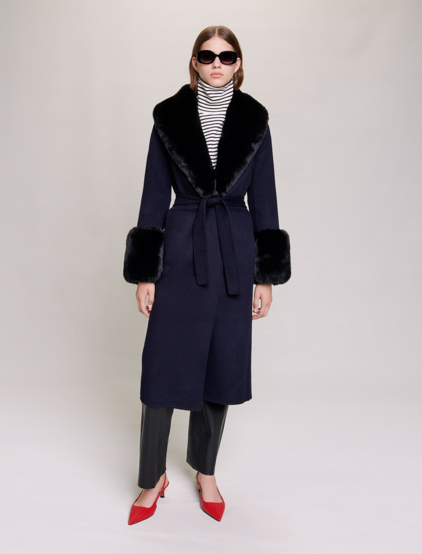 Shop Maje Double-faced Faux Fur Coat For Fall/winter In Navy