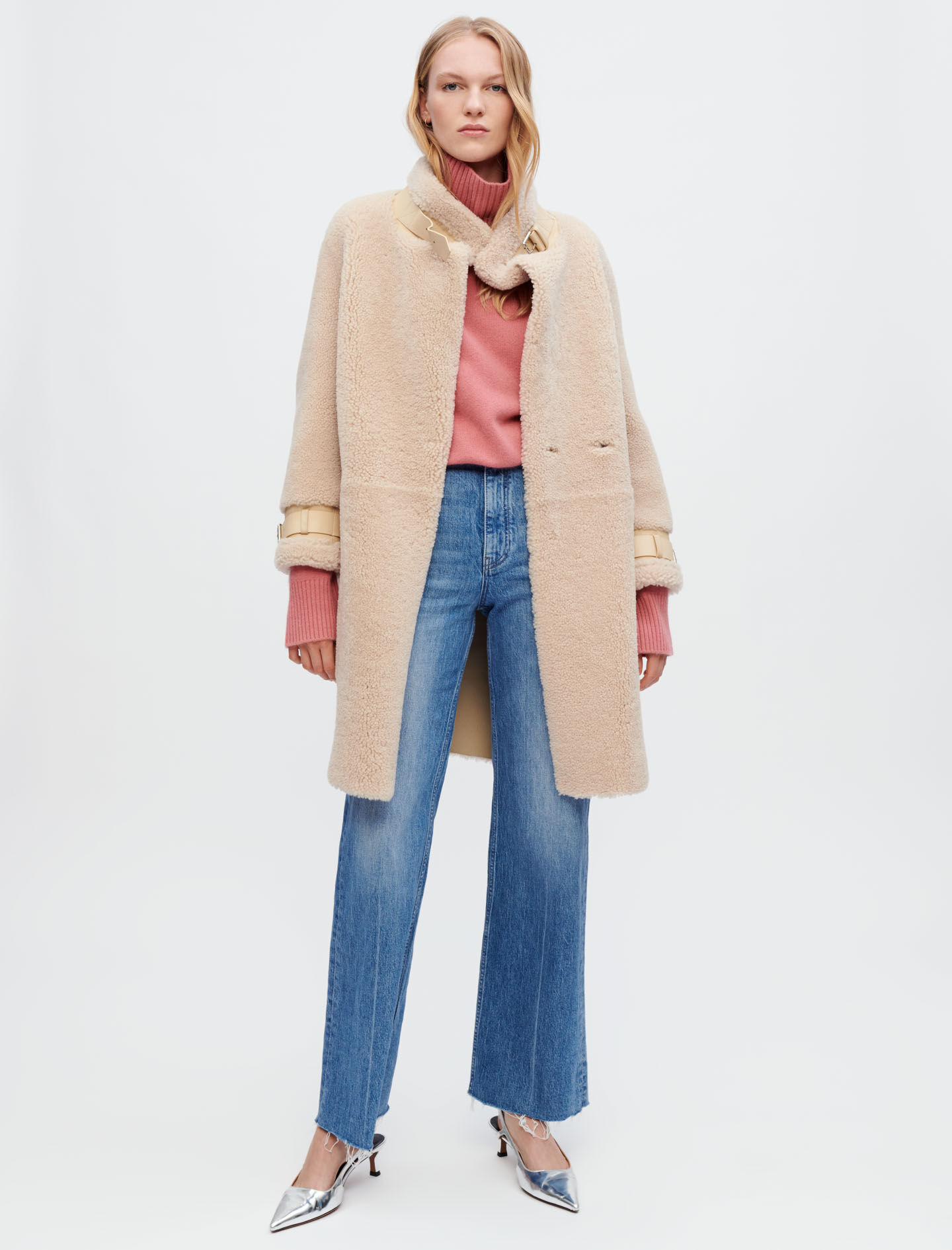 Maje Shearling Coat In Ecru