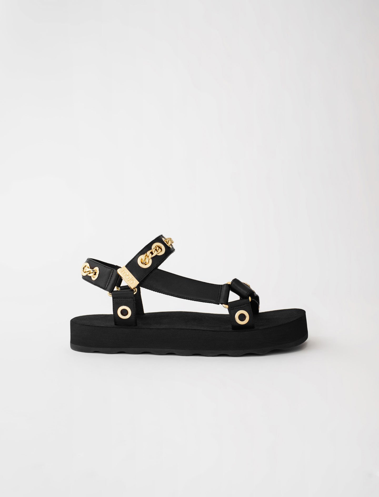 Maje Leather Sandals With Eyelets And Chain In Black | ModeSens
