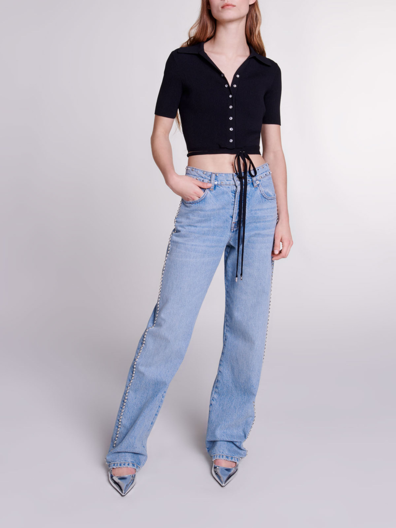 Maje Woman's viscose Knit crop top with ties for Spring/Summer, in color Black / Black