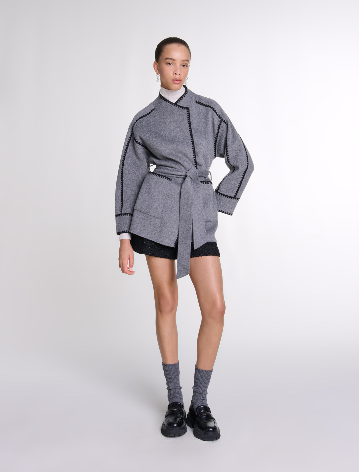 Shop Maje Double-faced Coat In Grey/black