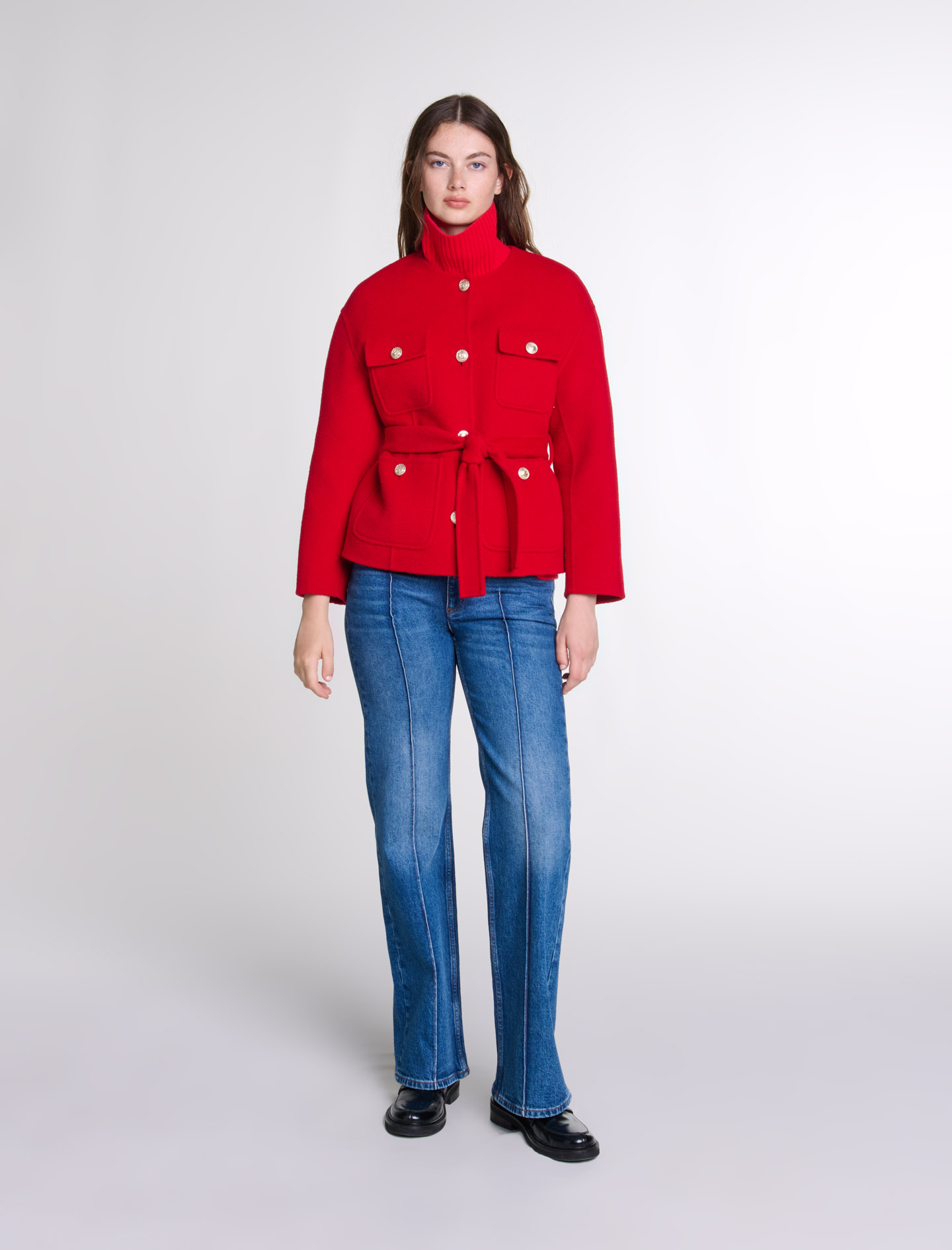 Shop Maje Woman's Wool, Belted Double-faced Jacket For Fall/winter In Red