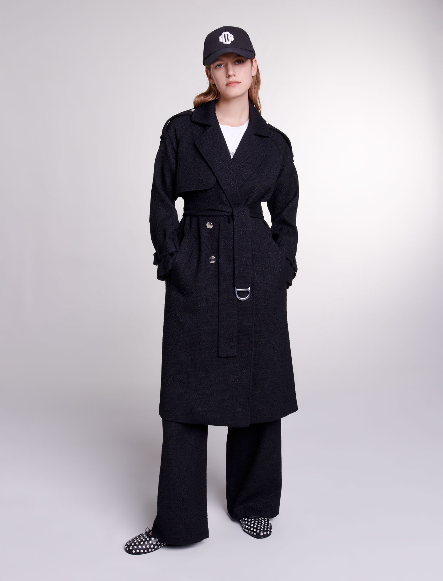 Woman's polyester Lining: Tweed trench coat for Spring/Summer, size Woman-Coats-US XL / FR 41, in color Black / Black