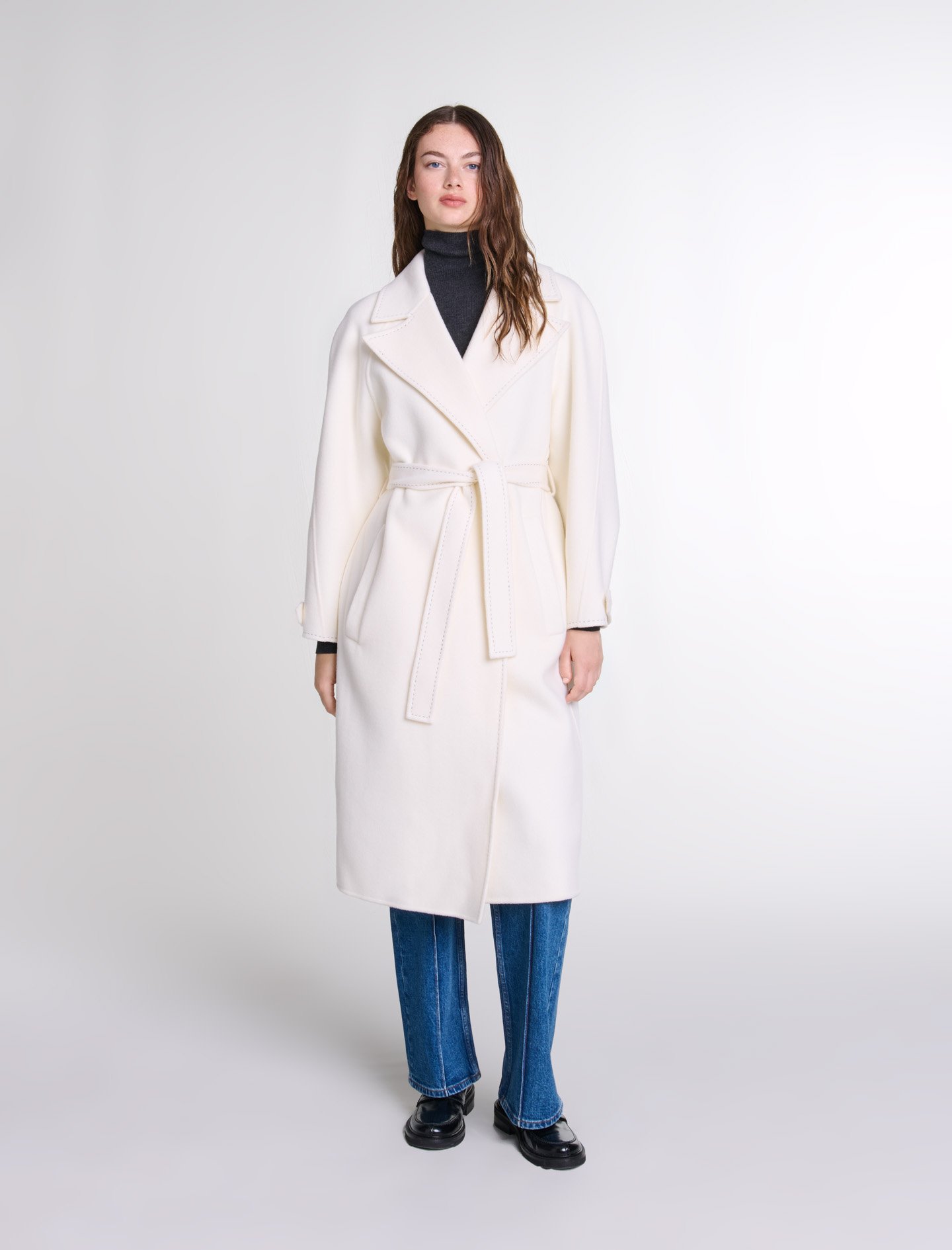 Woman's wool, Double-faced mid-length coat for Fall/Winter, size Woman-Coats-US XL / FR 41, in color Ecru / Beige