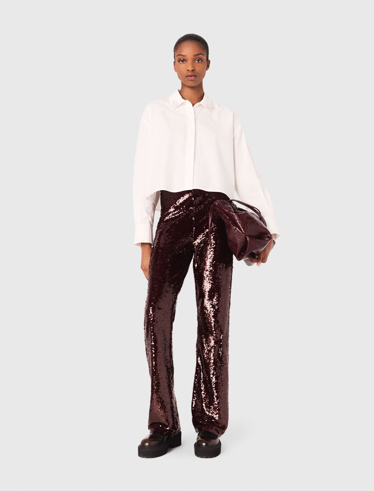 Maje Woman's cotton Cropped shirt with jewel detail for Fall/Winter, in color White / White