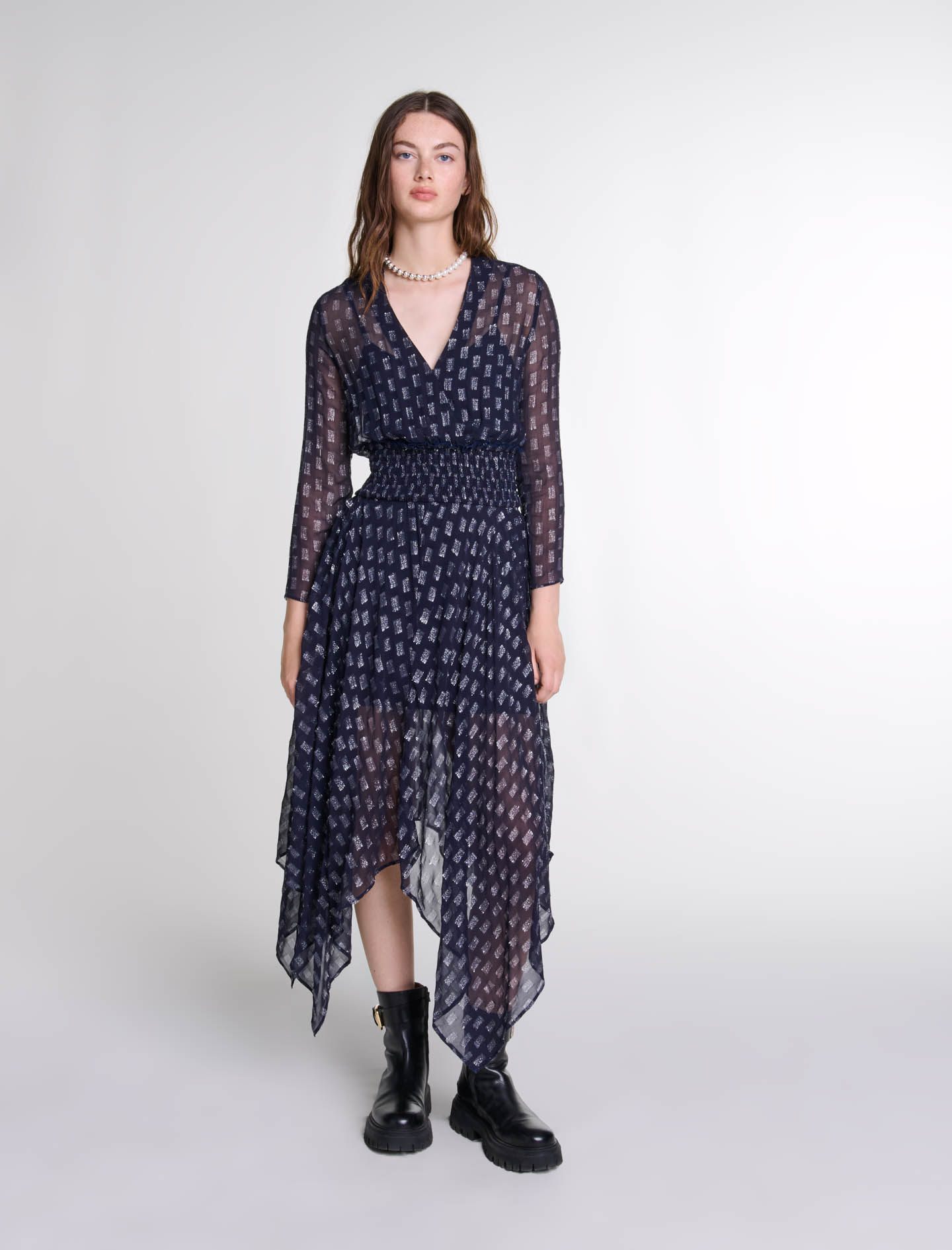 Shop Maje Asymmetrical Floral Maxi Dress In Navy