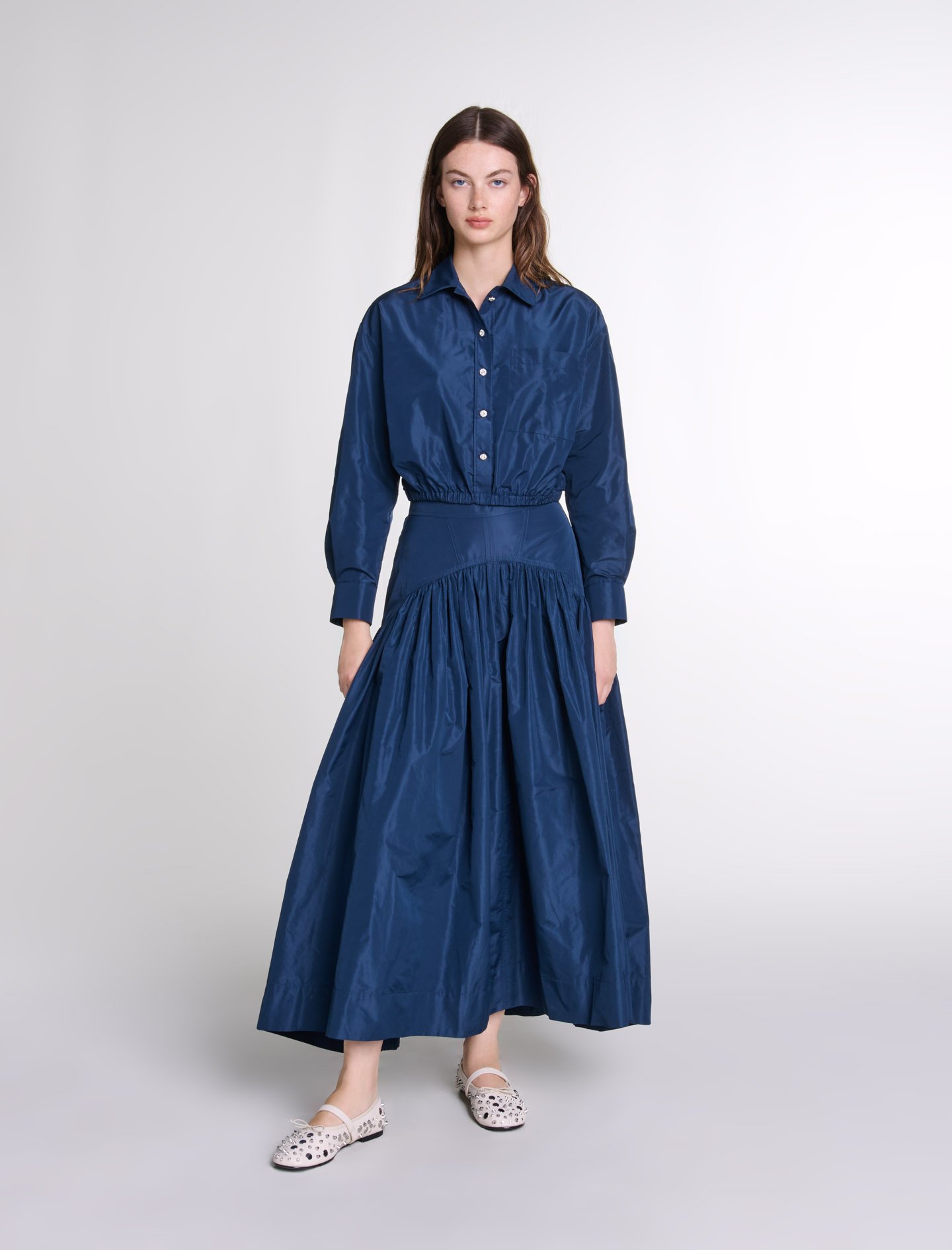 Woman's polyester Full long skirt for Fall/Winter, size Woman-Matching Sets-US XL / FR 41, in color Navy / Blue