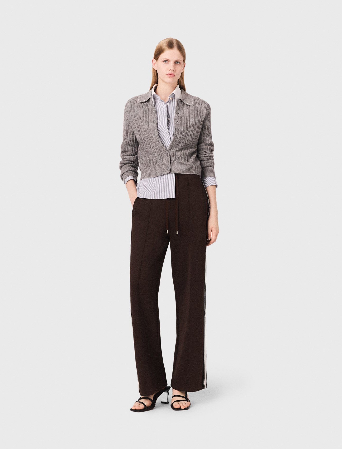 Maje Woman's polyester Straight-striped trousers for Fall/Winter, in color Dark brown /