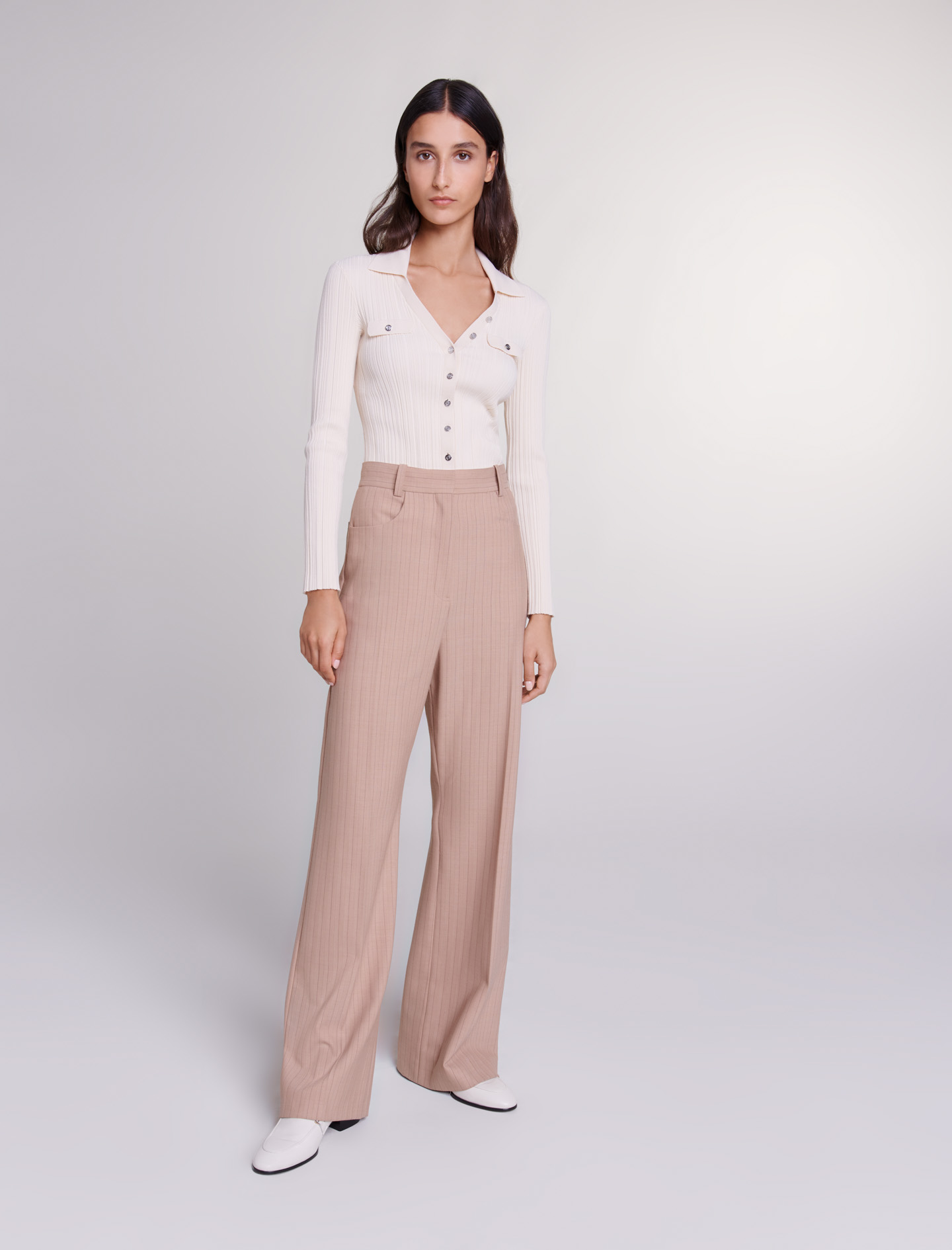 Maje Woman's wool, High-waisted trousers for Spring/Summer, in color Beige / Beige