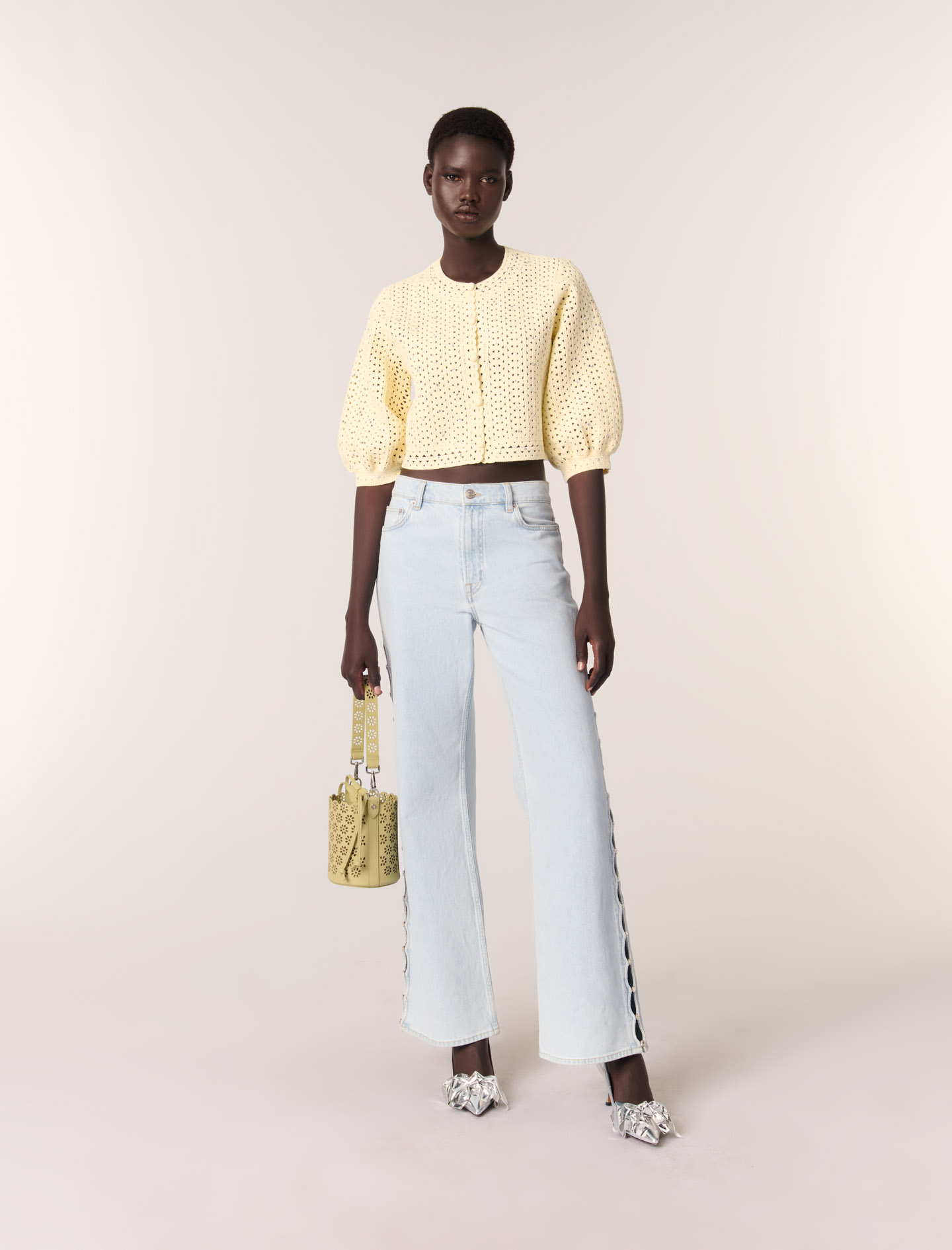 Maje Cropped Rhinestone Crochet Cardigan In Yellow