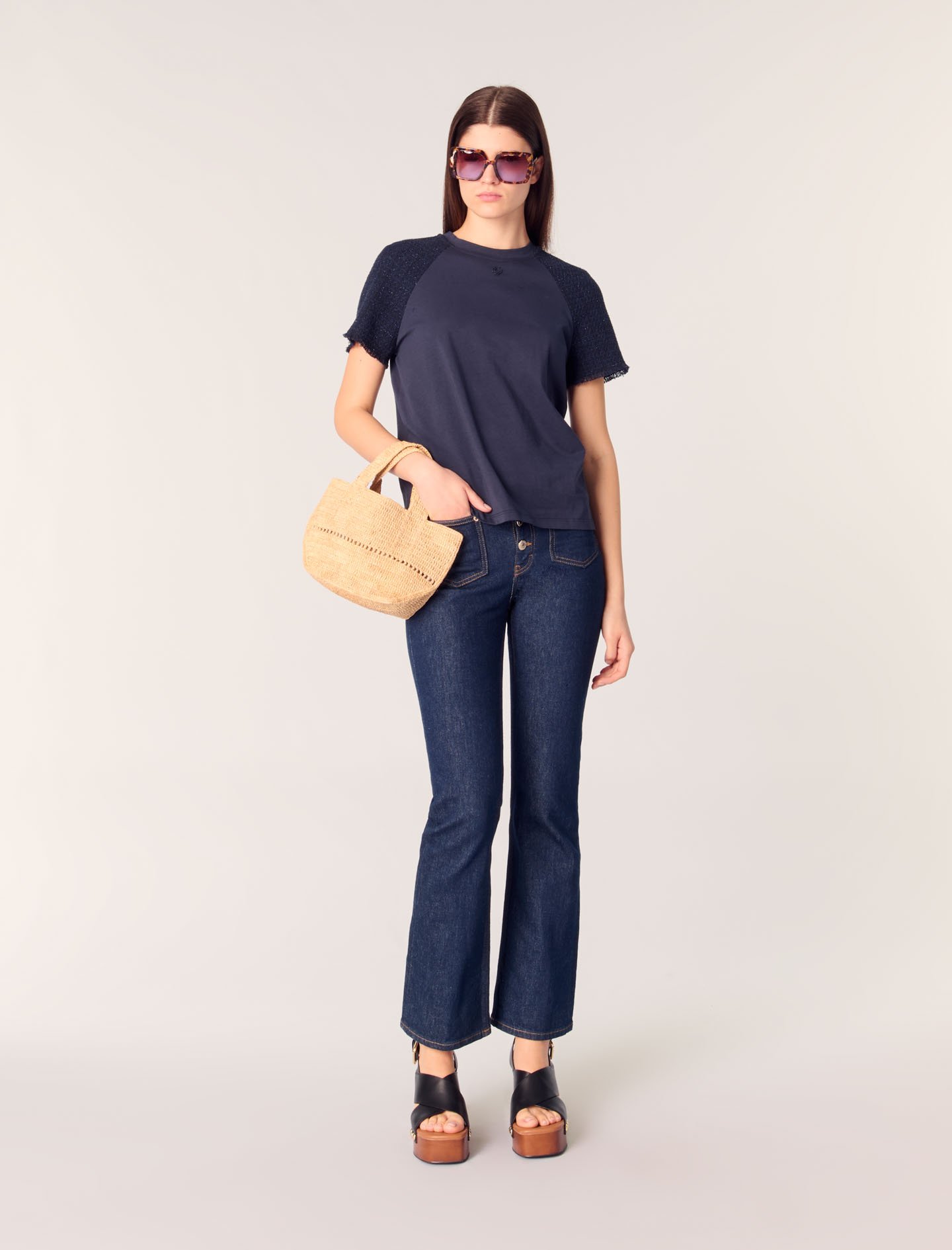 Woman's cotton Tweed-sleeved T-shirt for Spring/Summer, size Small, in color Navy / Blue