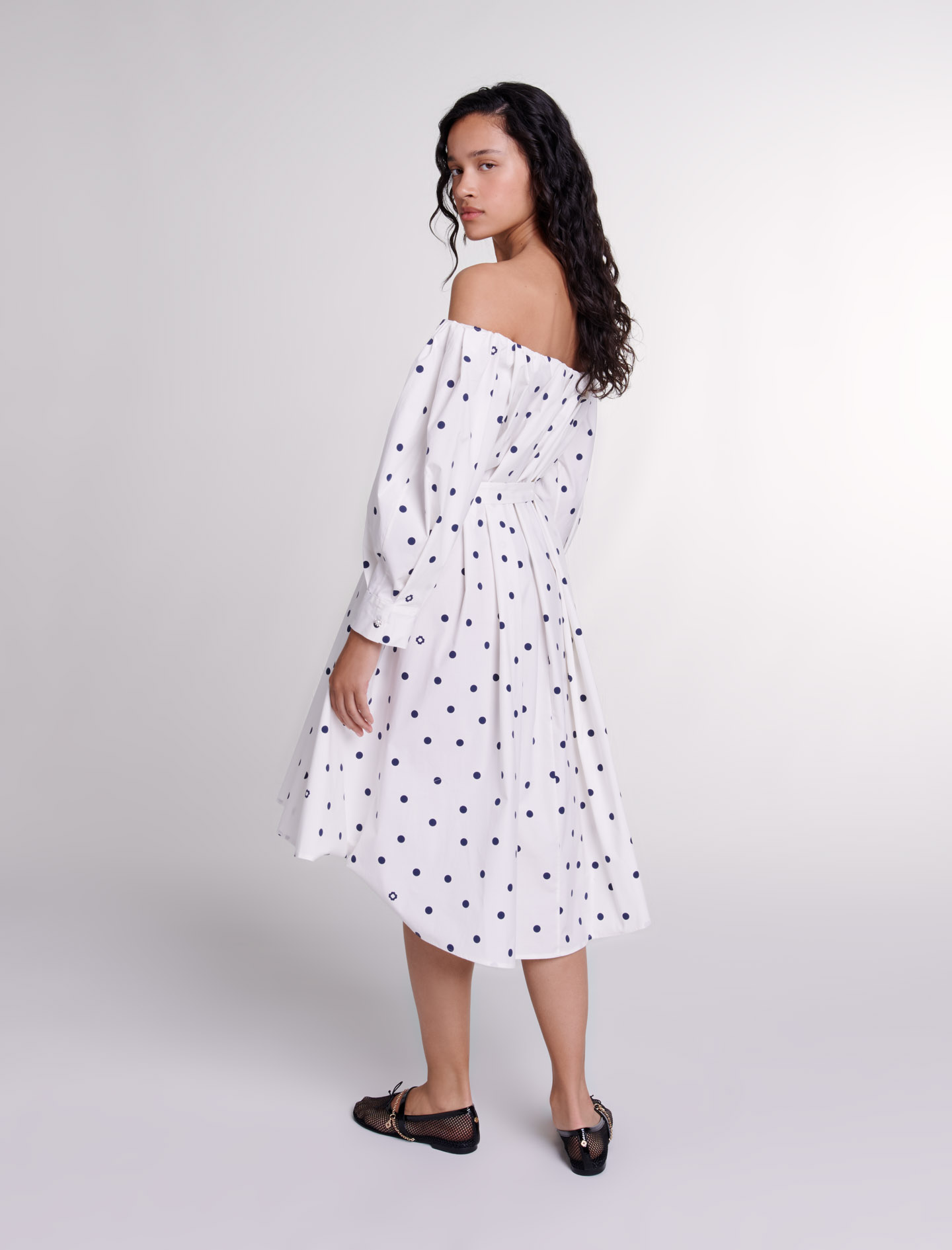 Woman's cotton, Shirt dress with bardot neckline for Fall/Winter, size Woman-Dresses-US M / FR 2, in color Navy polka dots /