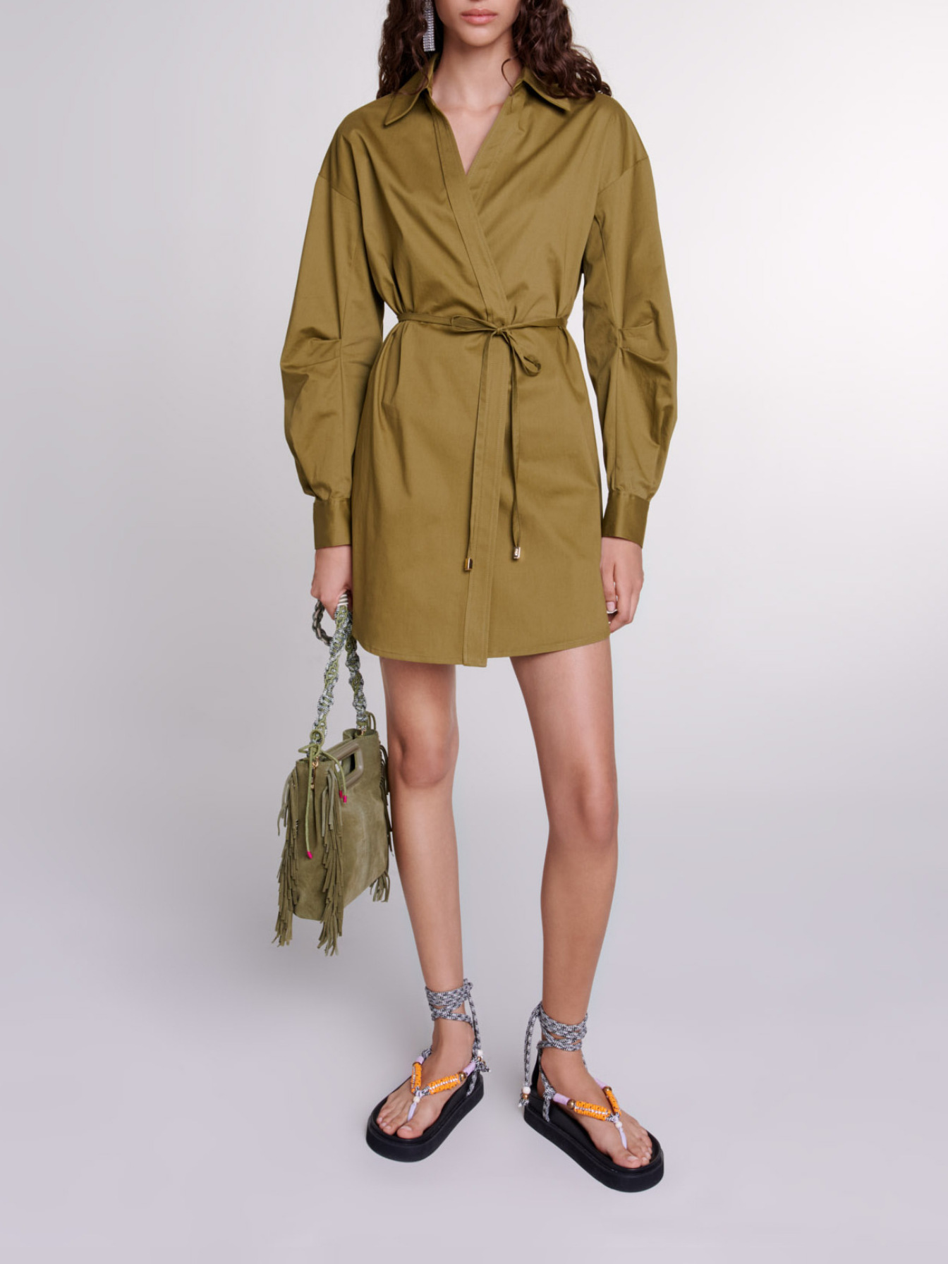 Maje Woman's cotton Cutaway wrap dress for Spring/Summer, in color Khaki / Beige