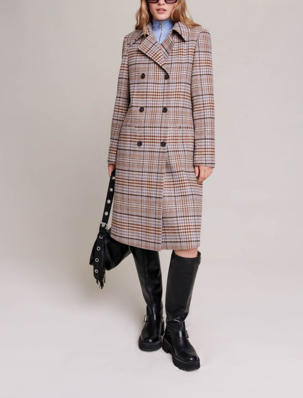 Maje Woman's polyester Long checked coat for Fall/Winter, in color Beige / Beige