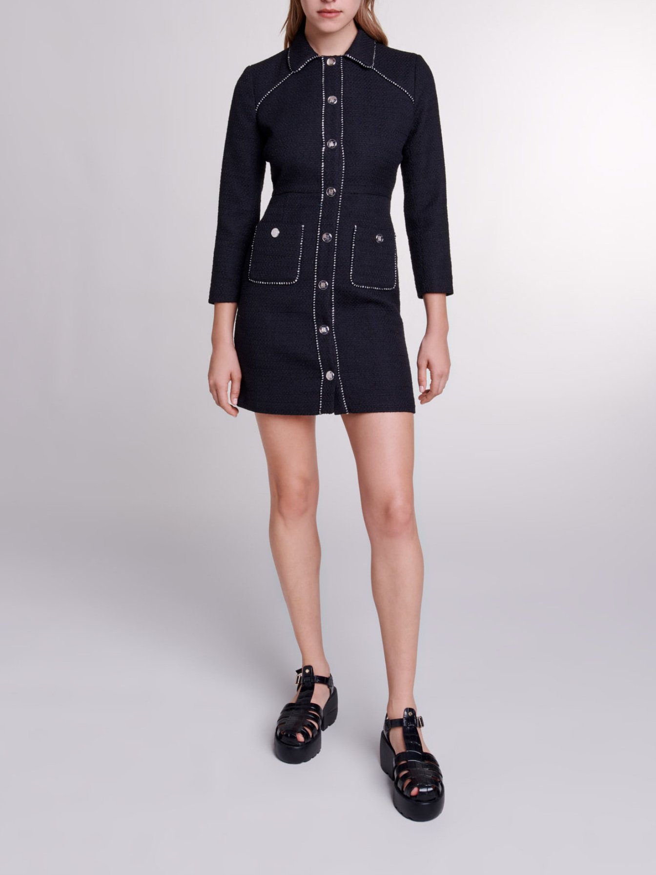 Maje Woman's polyester Short tweed dress for Spring/Summer, in color Black / Black