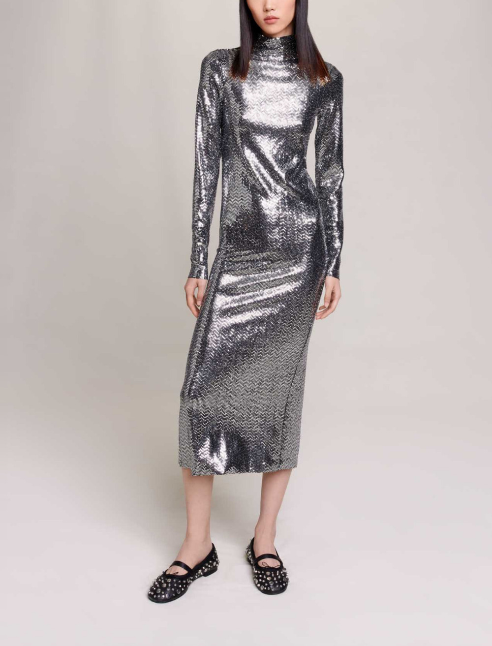 Woman
s polyamide, Glitter maxi dress for Fall/Winter, size Woman-See All-US XL / FR 41, in color Silver / Grey