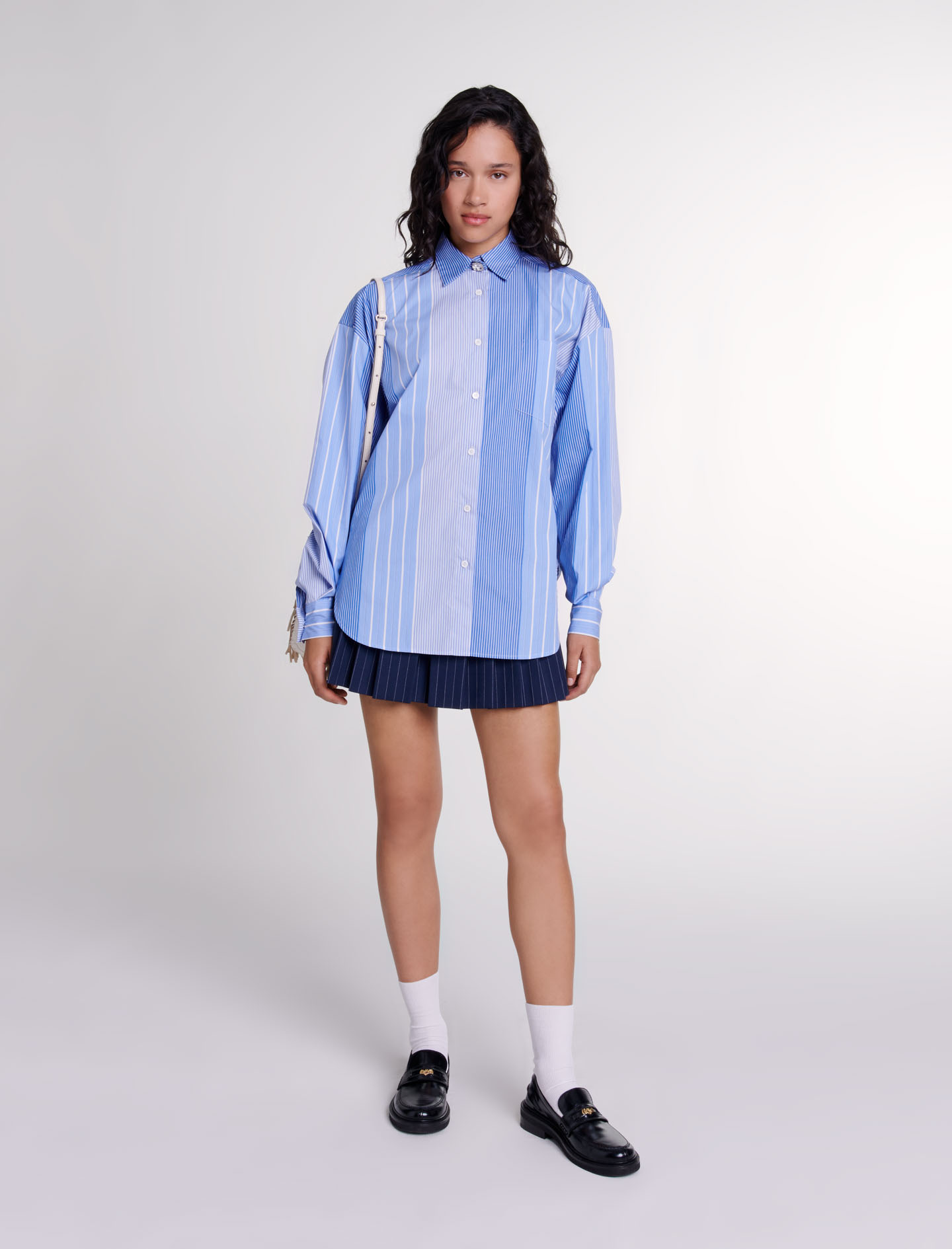 Woman's cotton Tab: Striped patchwork shirt for Fall/Winter, size Woman-Tops & Shirts-US L / FR 3, in color Blue and white stripe /