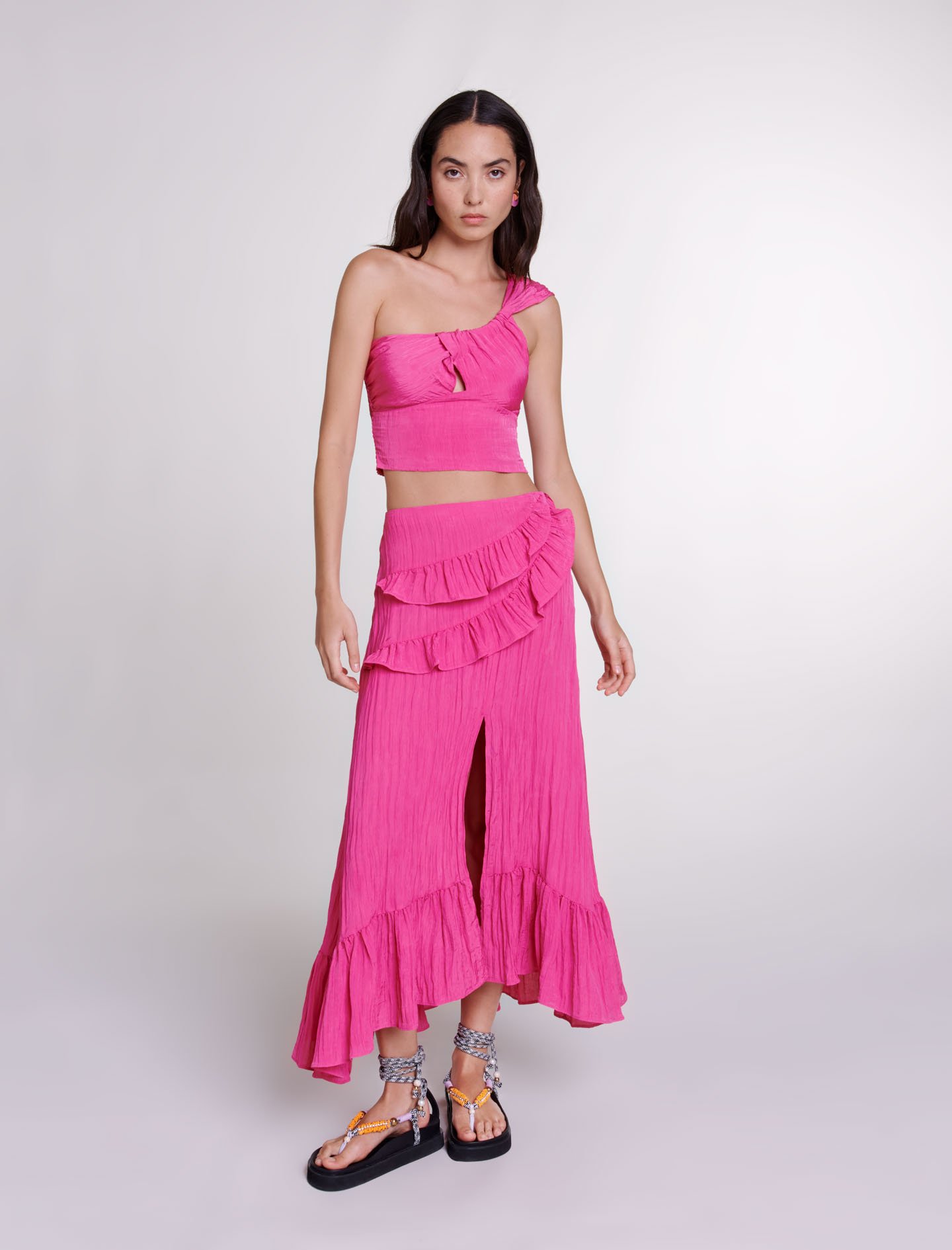 Woman's polyester, Long satin-effect crinkle skirt for Spring/Summer, size Woman-Memorial Day Event-US XL / FR 41, in color Fuchsia pink /