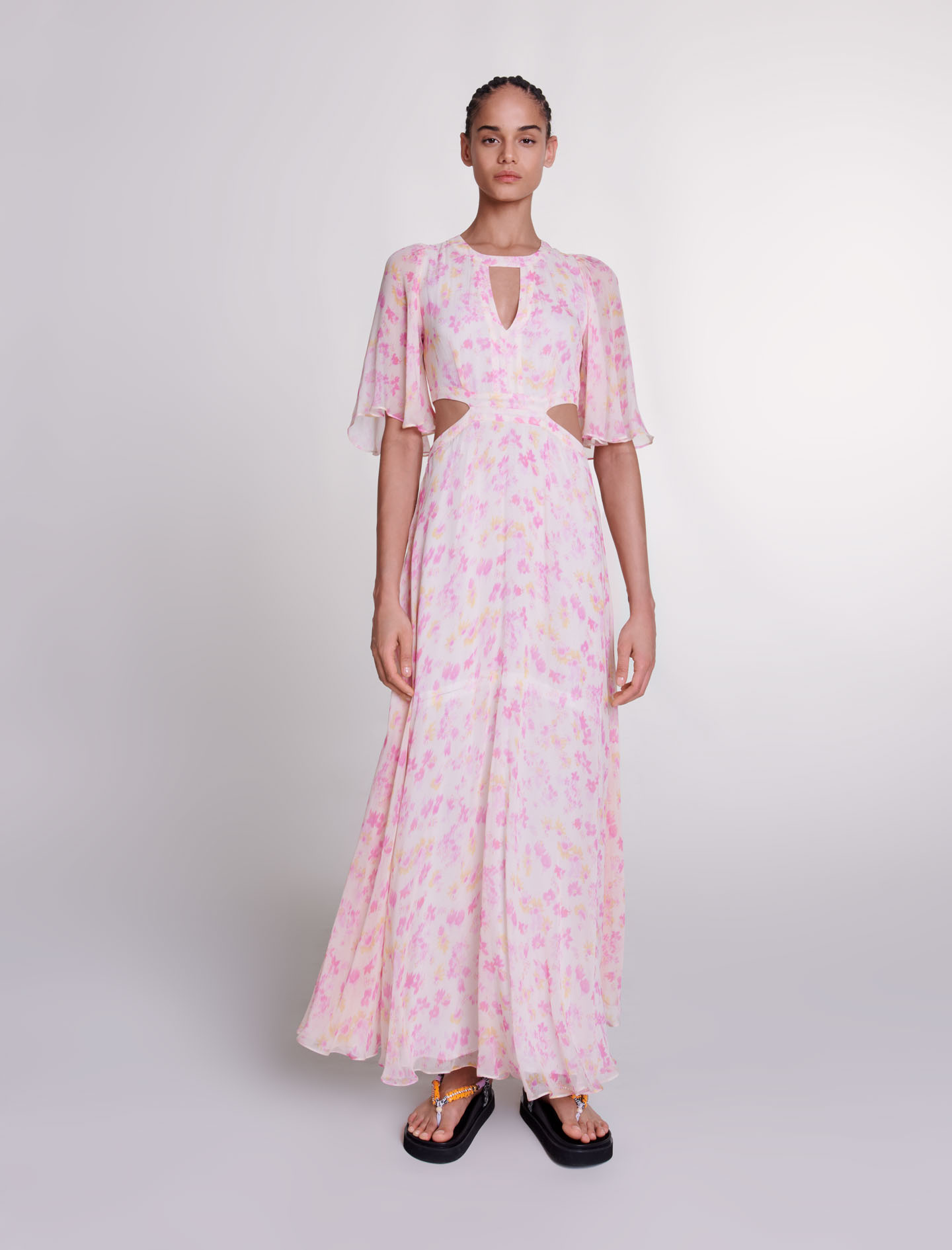 Maje Woman's viscose Lining: Floral print maxi dress for Spring/Summer, in color Pink Flower Print /