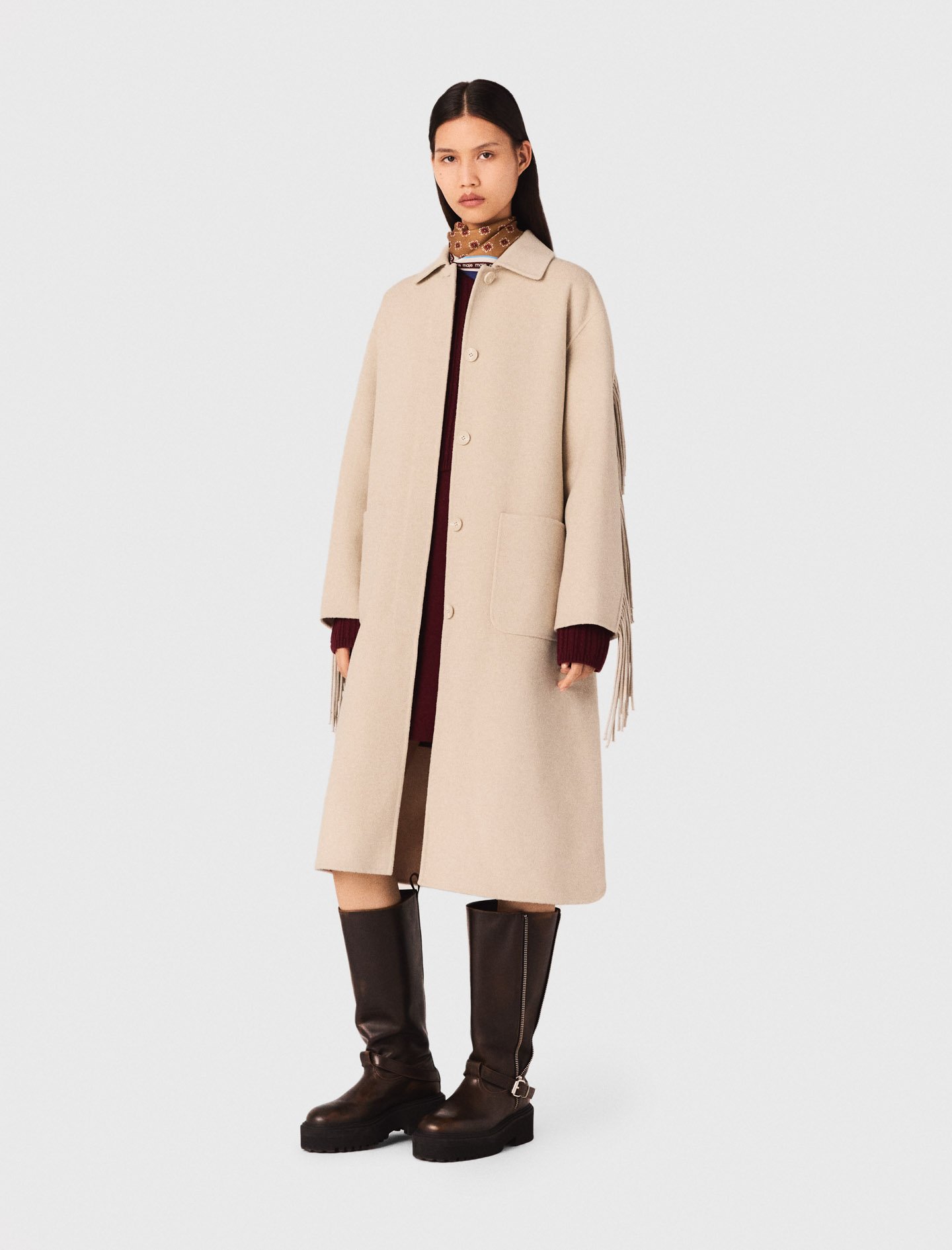 Maje Long Wool Coat In Brown