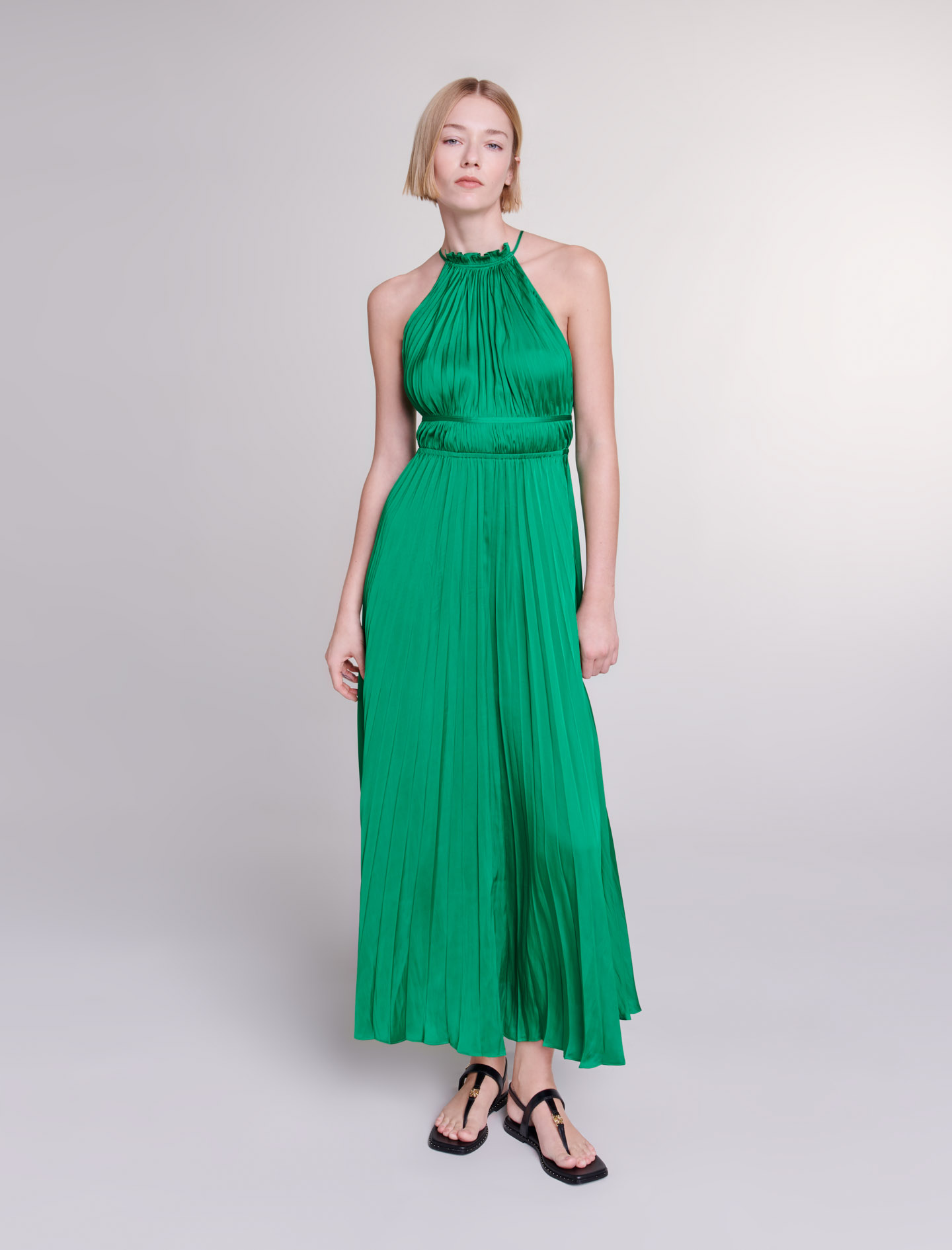 Maje Woman's polyester Pleated satin maxi dress for Spring/Summer, in color Green / Grey
