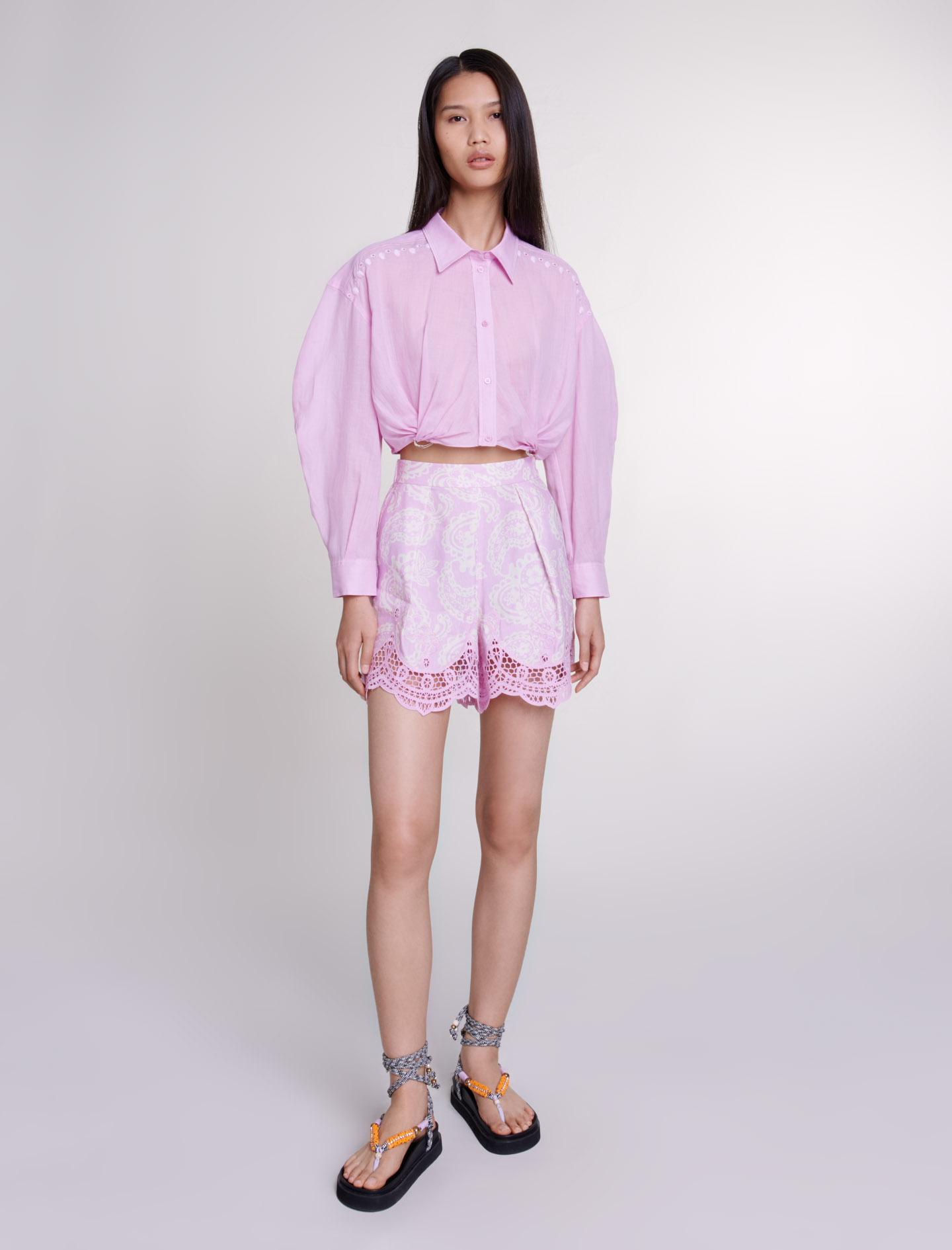 Mixte's ramie Buttons: Ramie cropped shirt for Spring/Summer, size Mixte-Tops & Shirts-US L / FR 3, in color Pink / Red