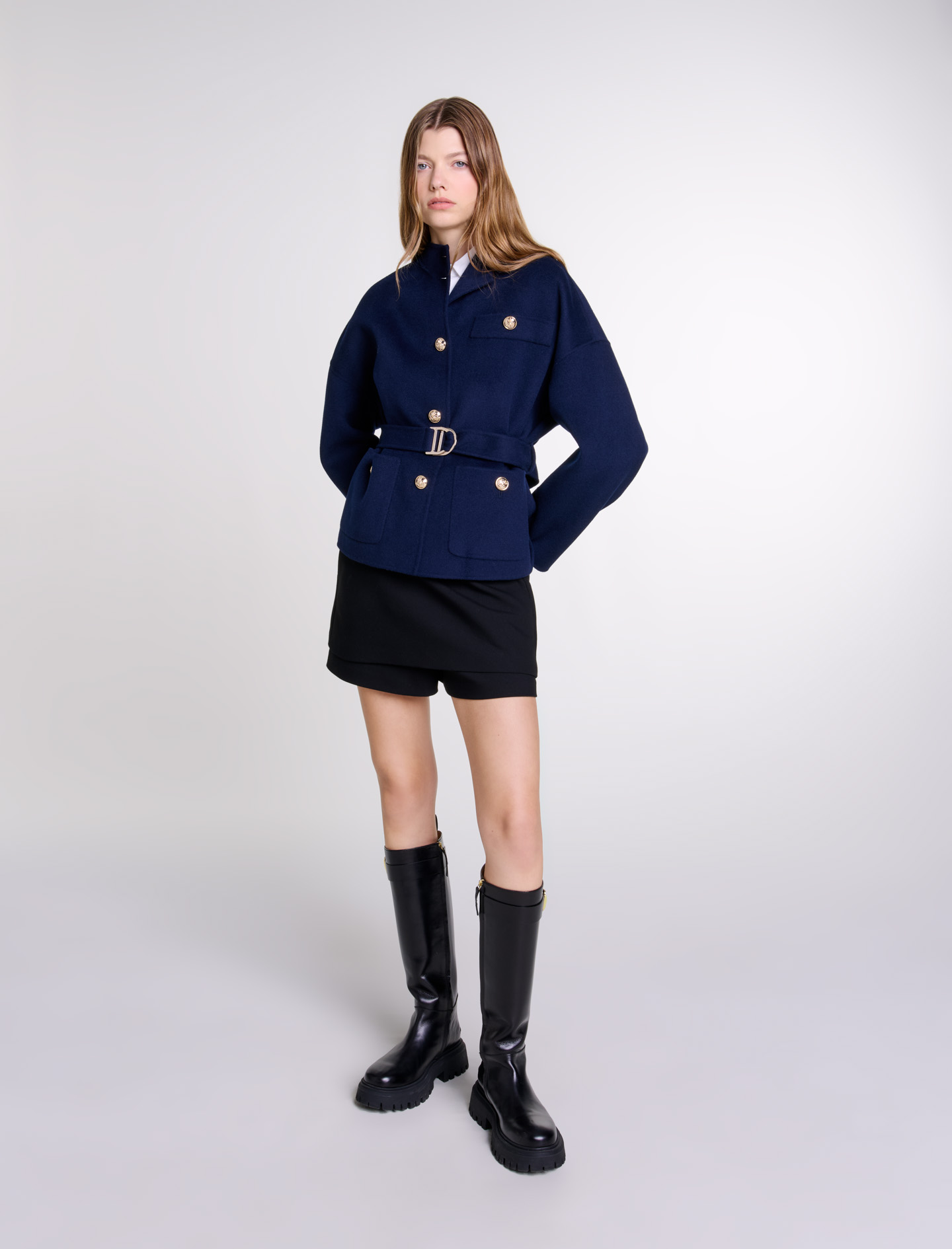 Woman's wool Belted short wool coat for Fall/Winter, size Woman-Coats-US L / FR 40, in color Navy / Blue