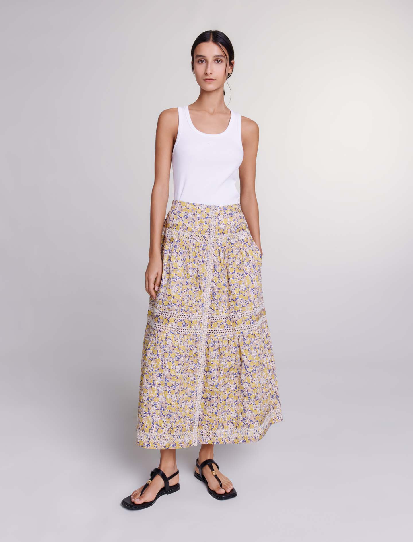 Mixte's cotton Embroidery: Long floral embroidered skirt, size Mixte-Skirts & Shorts-US XL / FR 41, in color Embroided Flowers Beige Print /