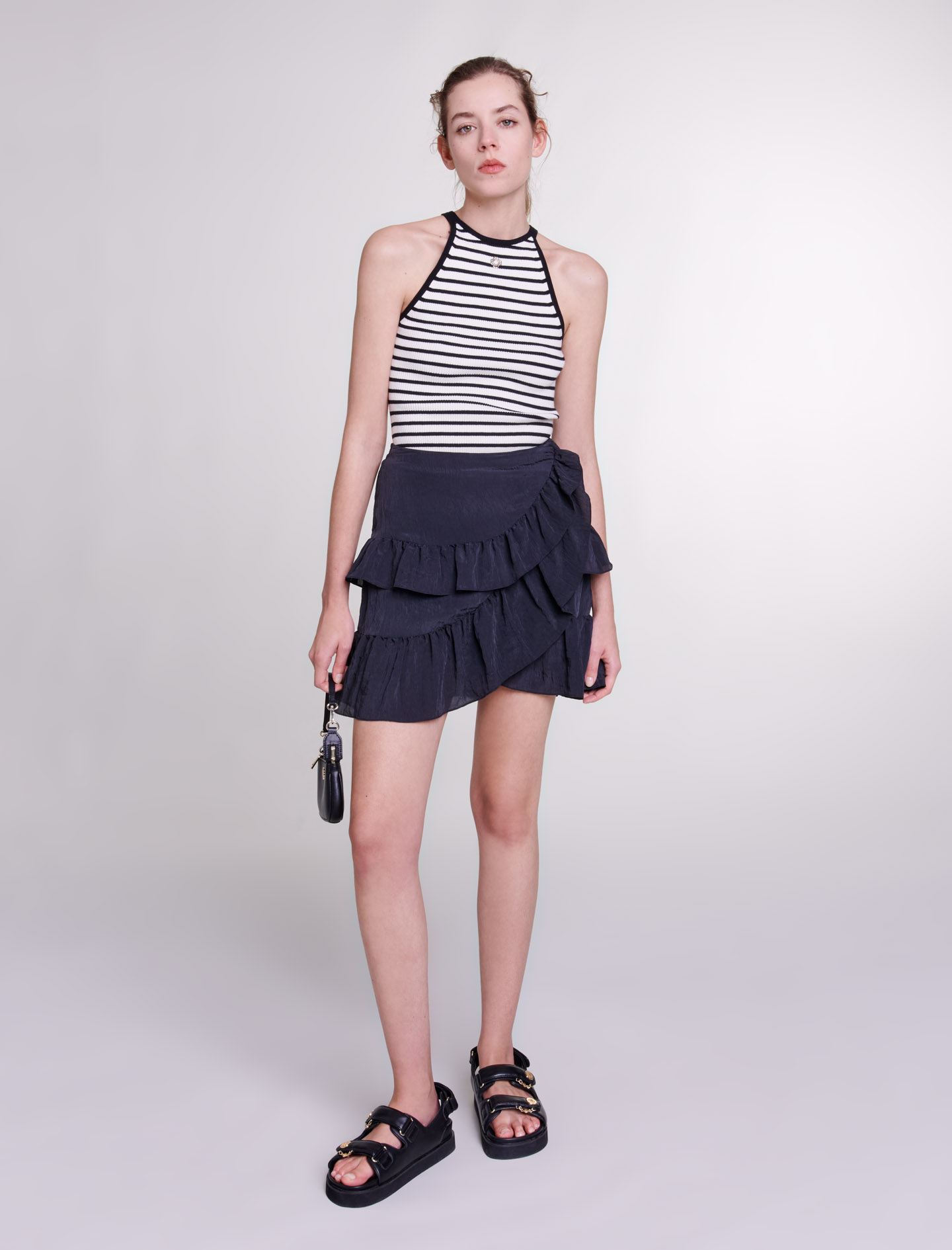 Maje Woman's polyester, Short ruffled skirt for Spring/Summer, in color Black / Black