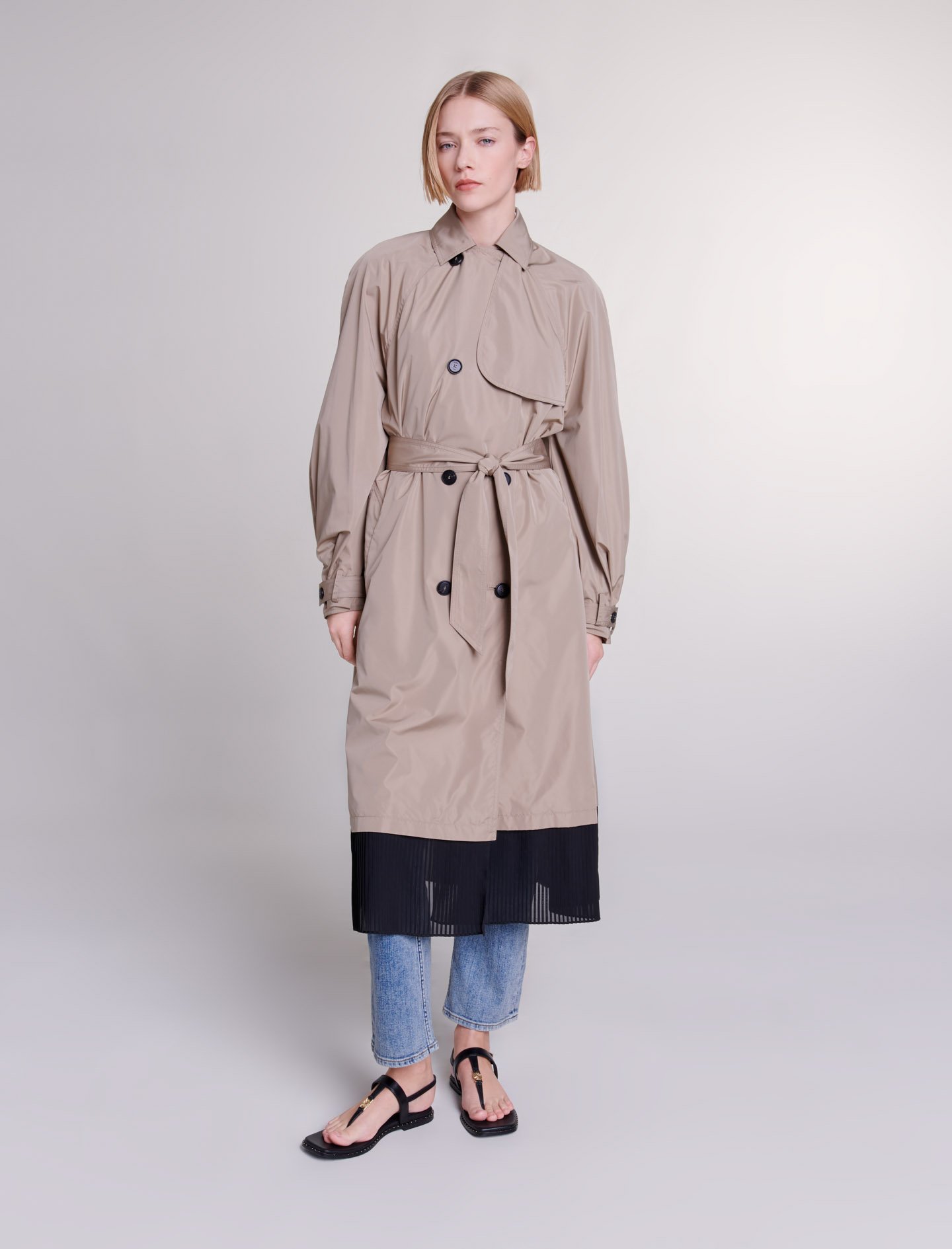 Woman's polyester Lining: Contrast trench coat for Spring/Summer, size Woman-Coats-US L / FR 40, in color Mole / Brown