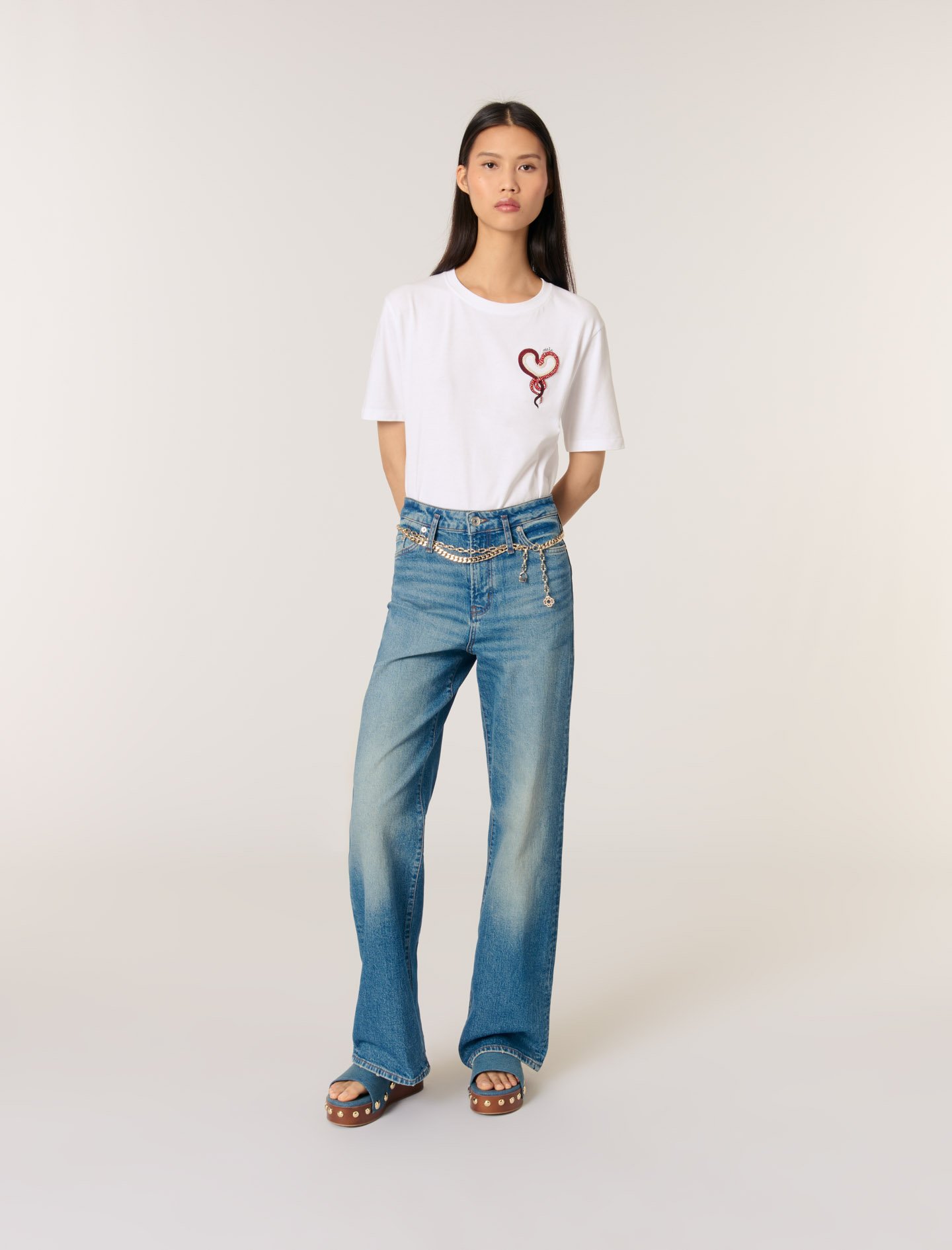 Woman's cotton Rib: Embroidered T-shirt for Spring/Summer, size Woman-Tops & Shirts-US L / FR 3, in color White / Red /