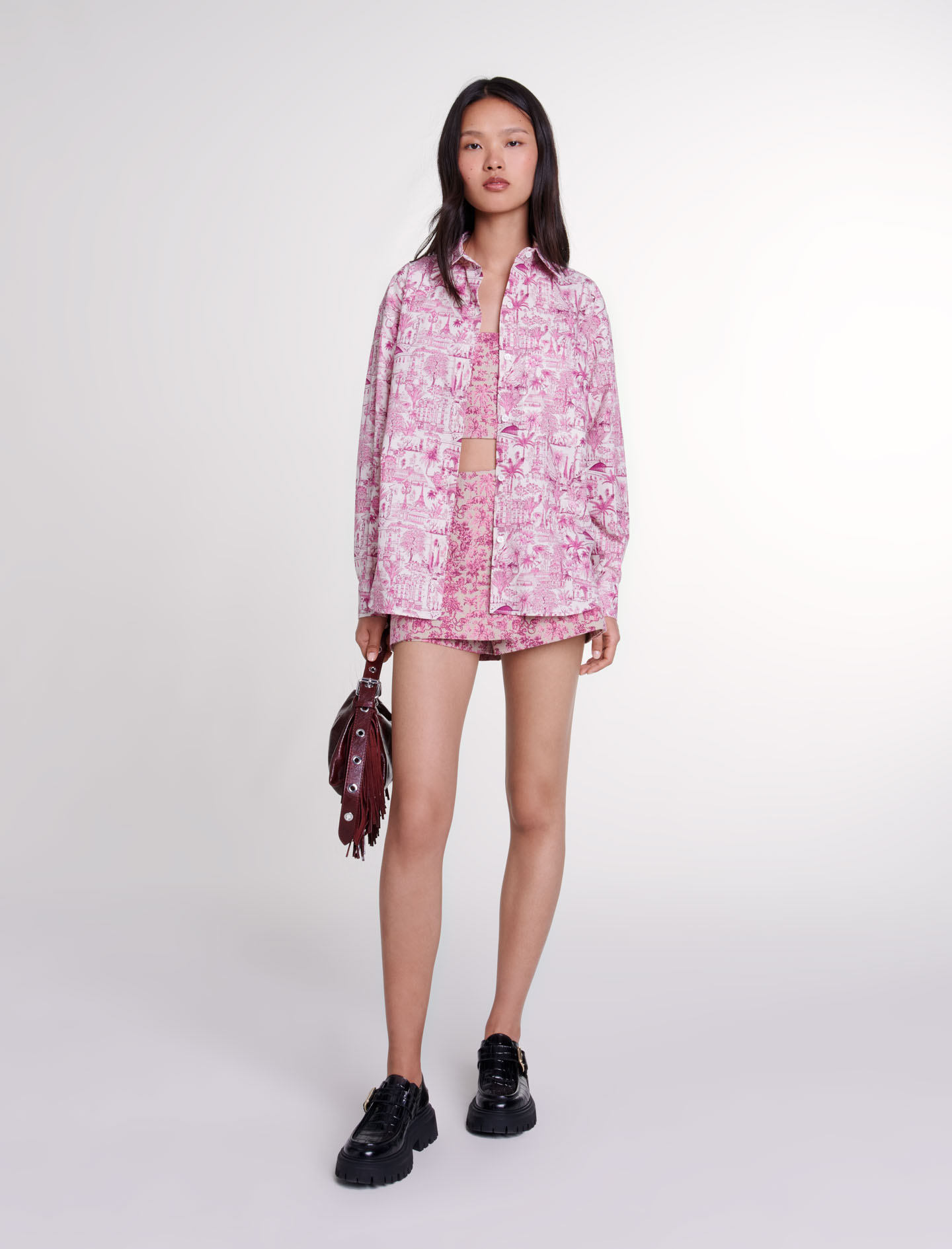 Woman's cotton Collar: Oversize patterned shirt for Fall/Winter, size Woman-Tops & Shirts-US L / FR 3, in color Paris pink print /