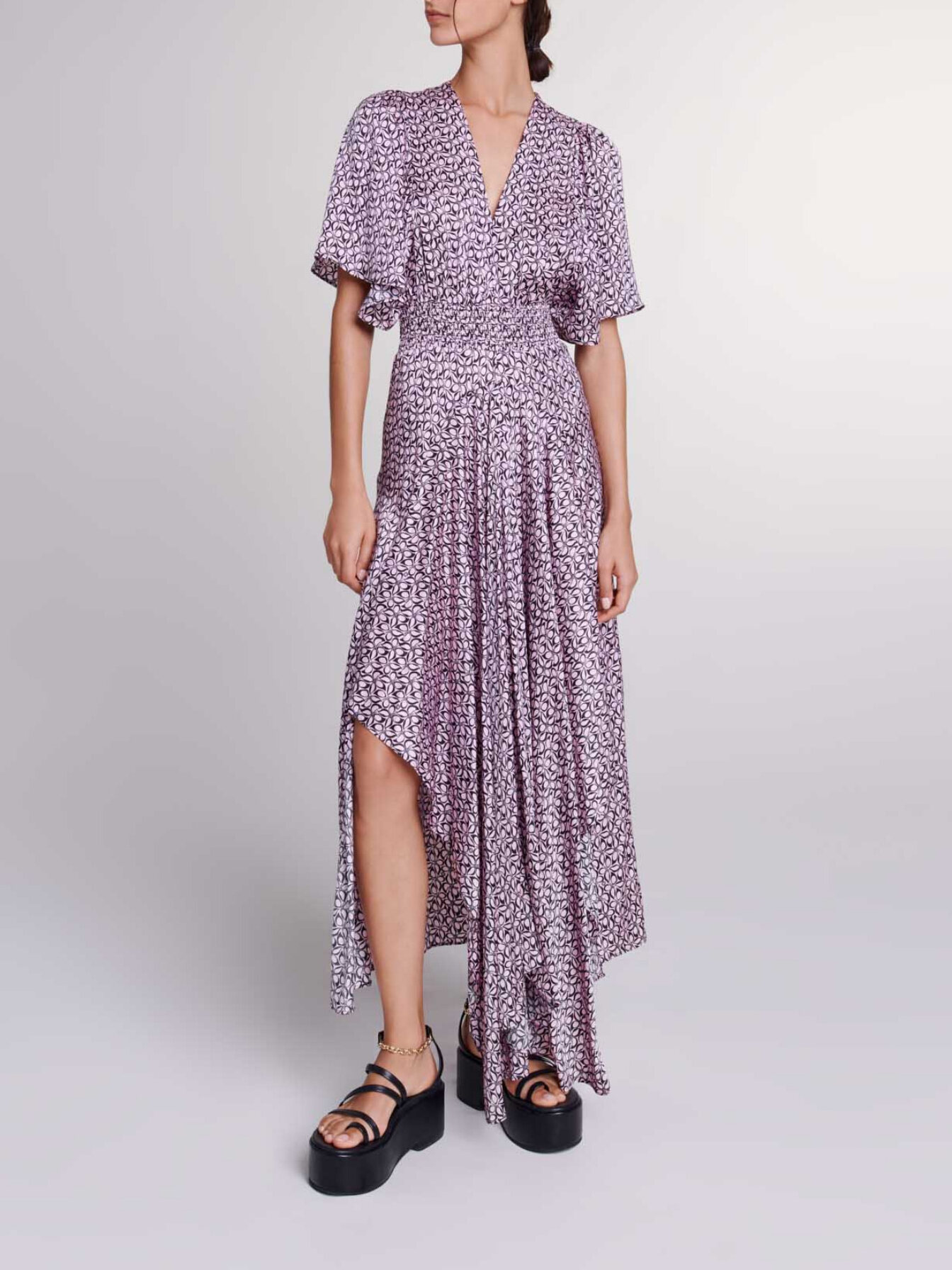 Maje Woman's viscose Satin-look patterned maxi dress for Spring/Summer, in color Print pink/black butterfly /