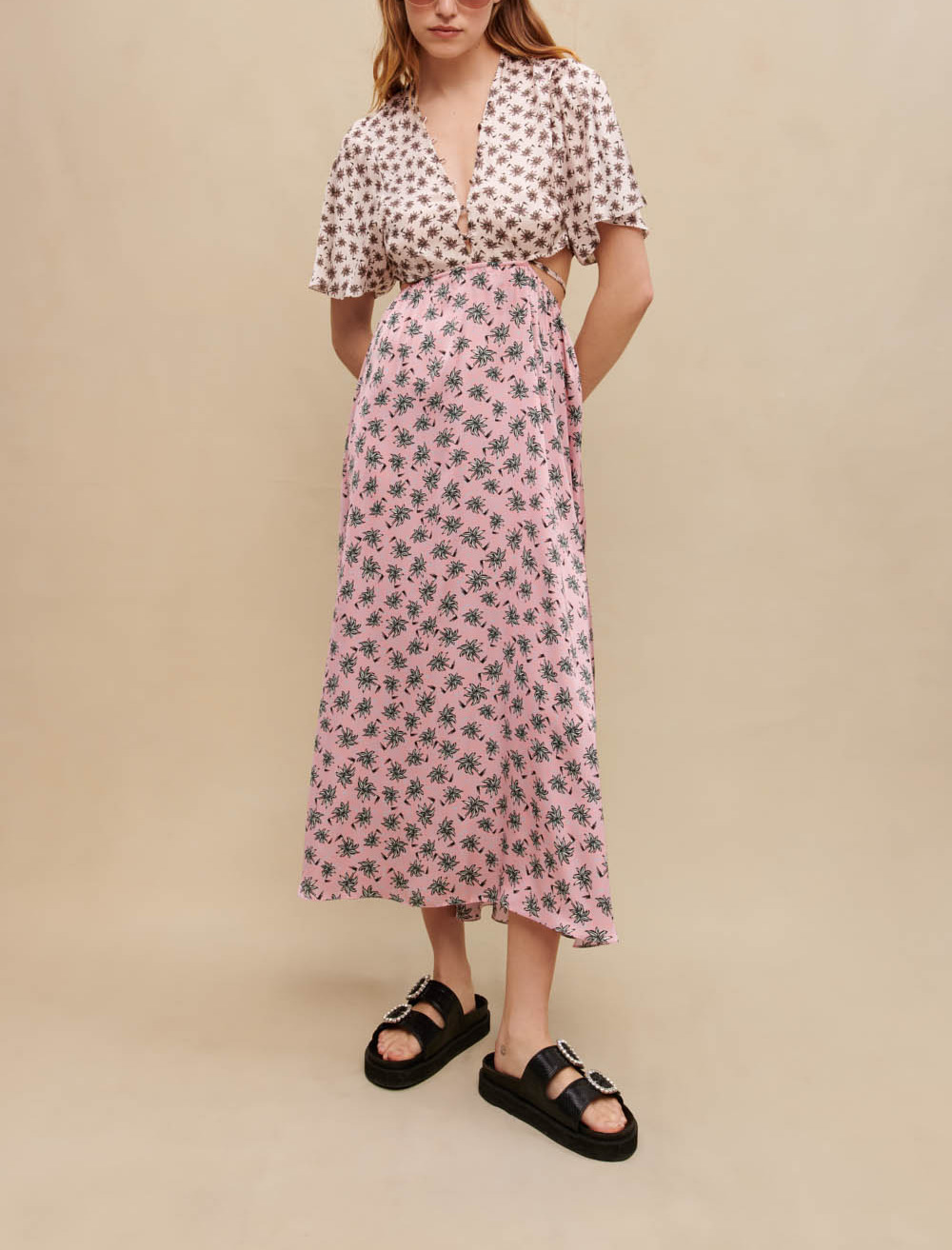 Woman
s polyester Secondary fabric: Palm print maxi dress for Spring/Summer, size Woman-See All-US XL / FR 41, in color Mix palm pink /