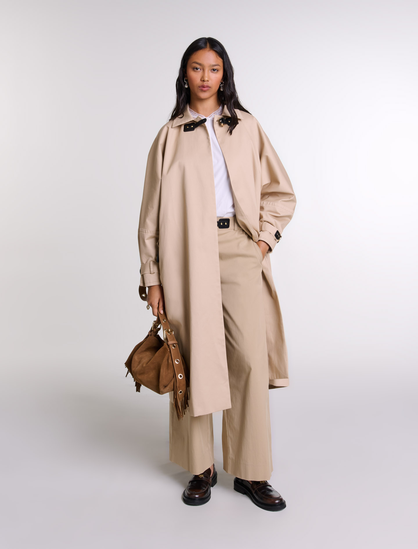 Woman's cotton Lining: Long trench coat for Fall/Winter, size Woman-Coats-US L / FR 40, in color Light Beige /