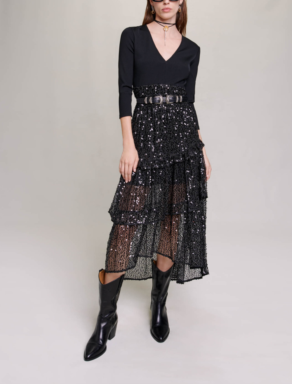 Maje Woman's polyamide Sequin and mesh maxi dress for Fall/Winter, in color Black / Black