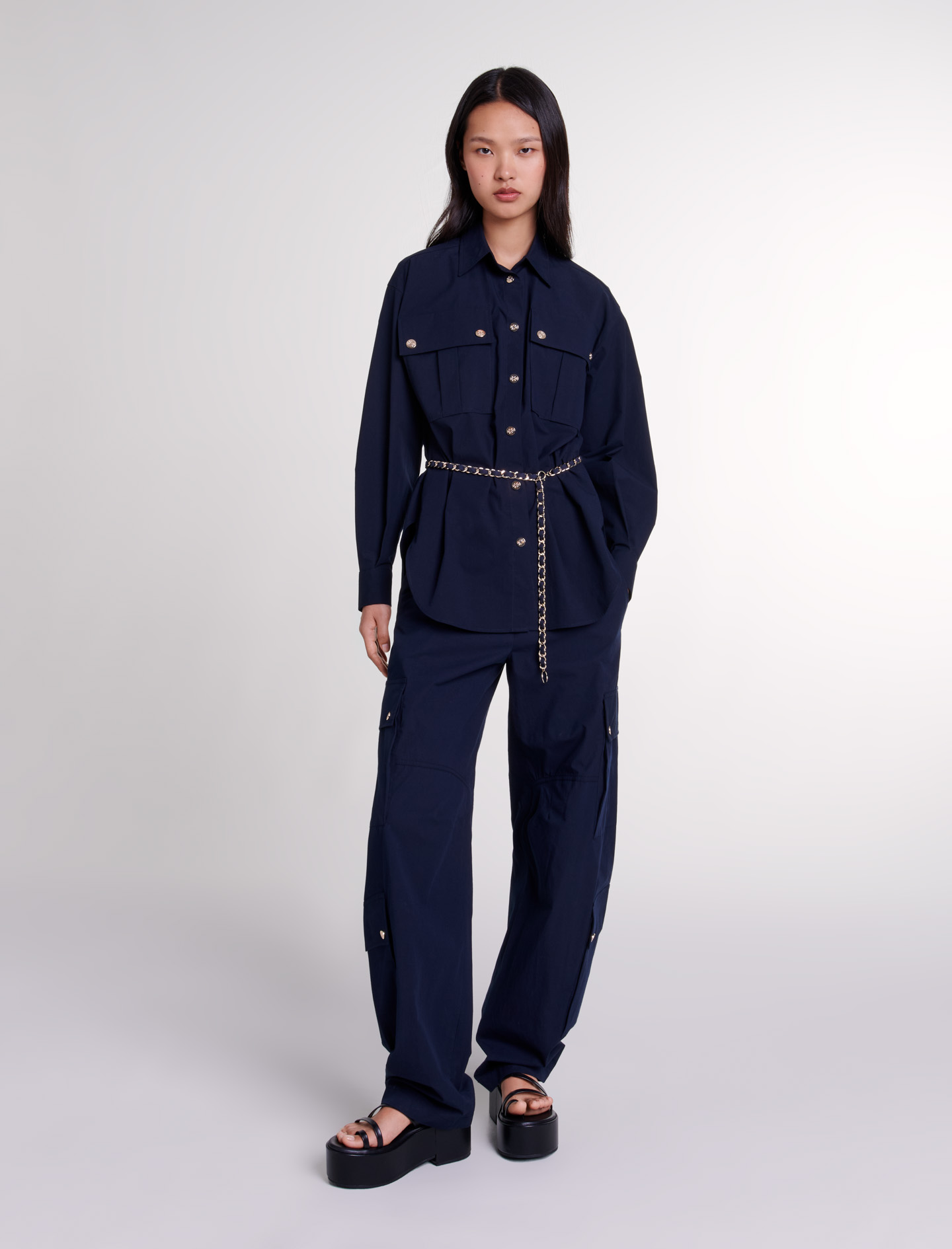 Woman's cotton, Belted long shirt for Fall/Winter, size Woman-Tops & Shirts-US L / FR 3, in color Navy / Blue