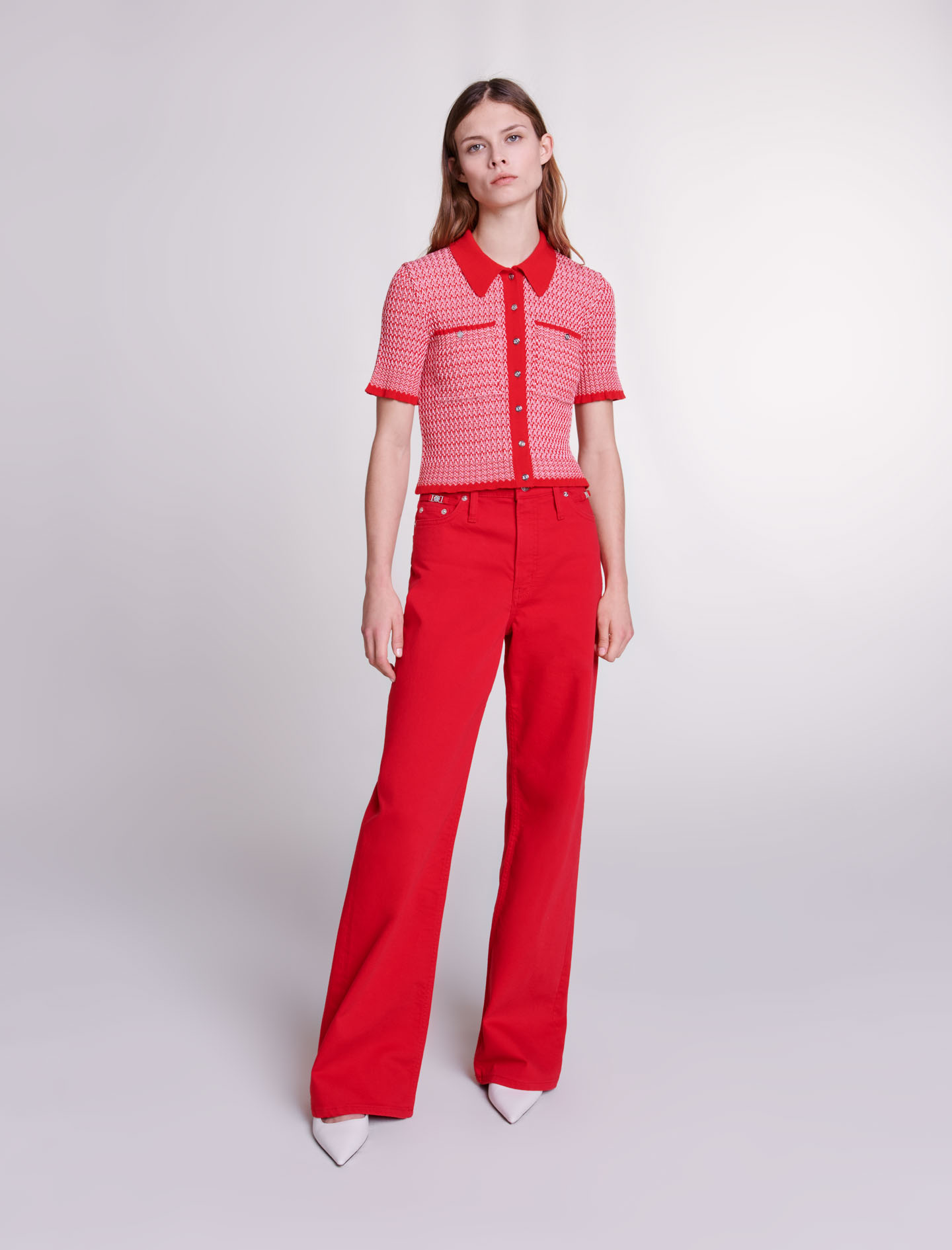 Maje Woman's viscose, Cropped herringbone polo shirt for Spring/Summer, in color Red / Red
