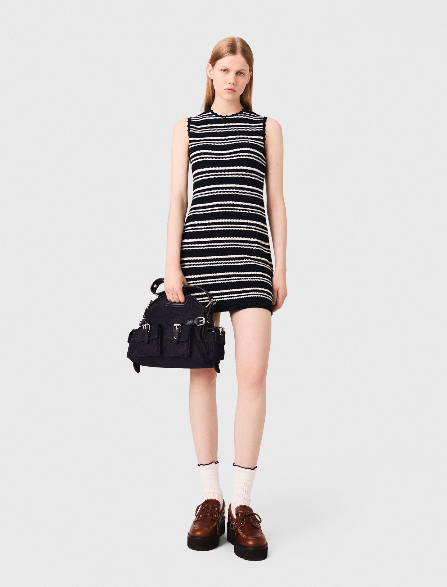 Maje Woman's viscose Striped mini crochet dress for Fall/Winter, in color Navy/White /