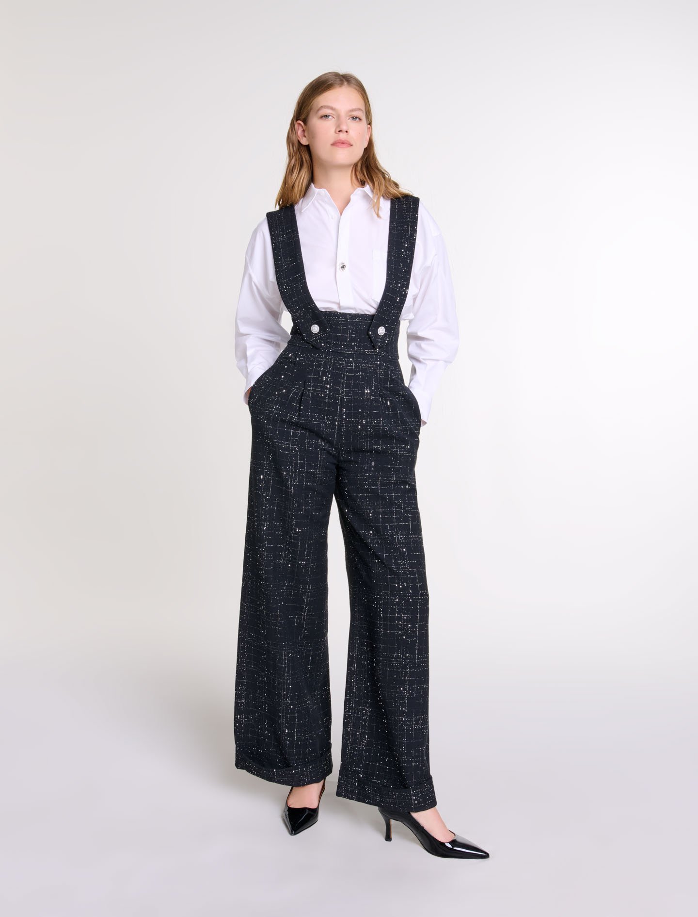 Woman's cotton, Wide-leg trousers with tweed braces for Fall/Winter, size Woman-Pants & Jeans-US XL / FR 41, in color Black / Black