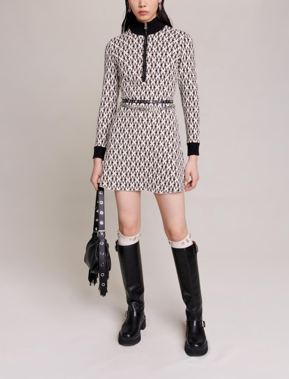 Maje Woman's cotton Short jacquard monogrammed dress for Fall/Winter, in color Ecru Black /