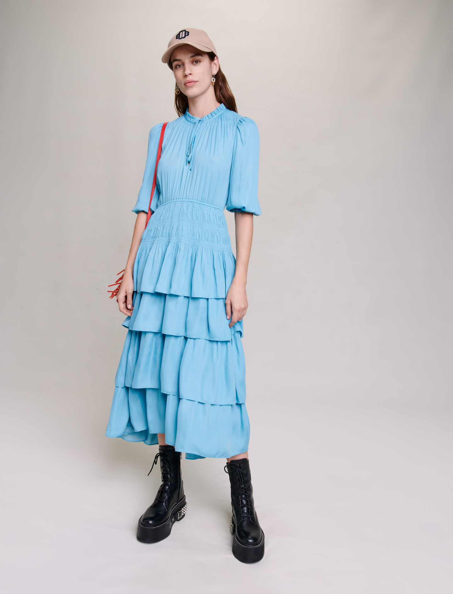 Maje Woman's polyester Long satiny dress with ruffles, in color Light Blue / Blue