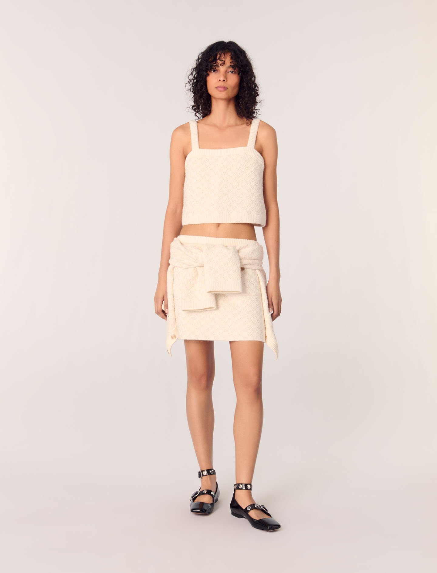 Woman's polyester Tweed-effect knit crop top for Spring/Summer, size Extra Small, in color Ecru / Beige
