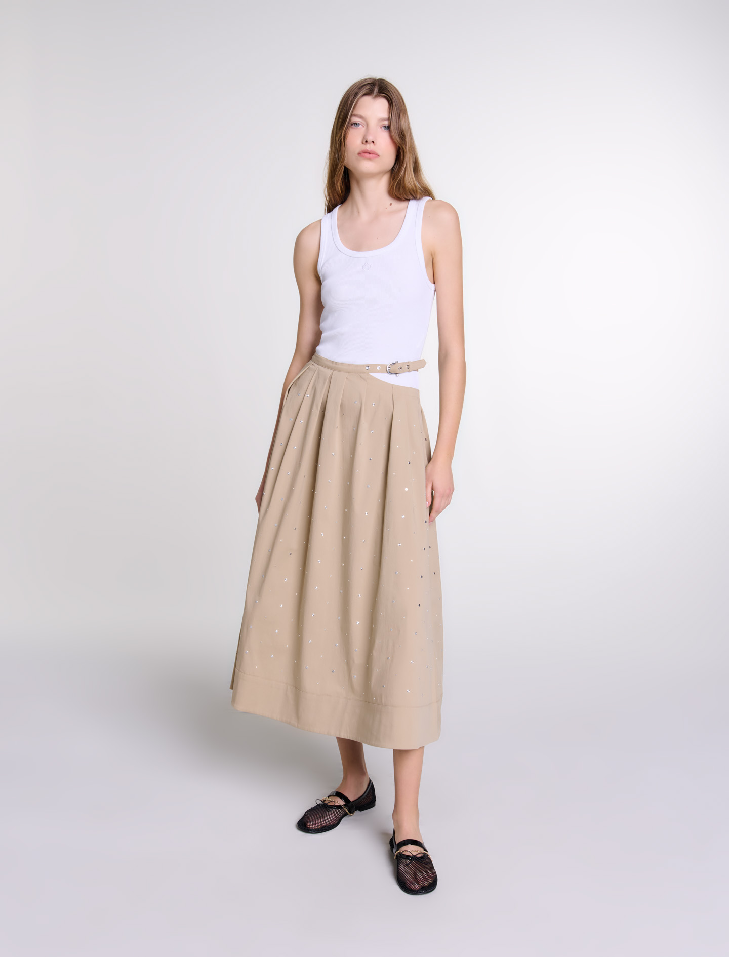 Woman's cotton, Long studded cotton skirt for Fall/Winter, size Woman-The Seasonal Event-US XL / FR 41, in color Beige / Beige