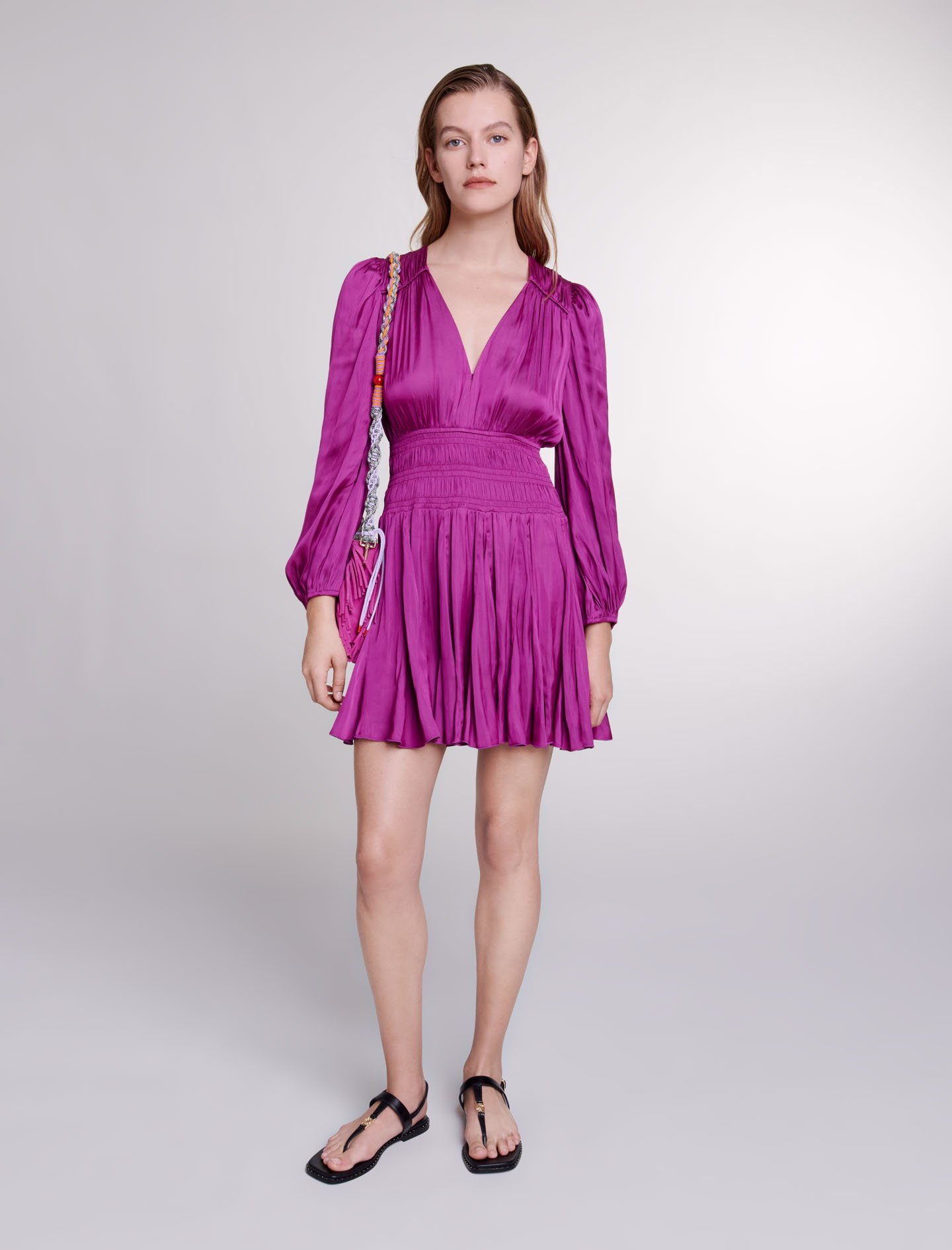 Maje Woman's polyester Short satin-look dress for Spring/Summer, in color Fuchsia pink /