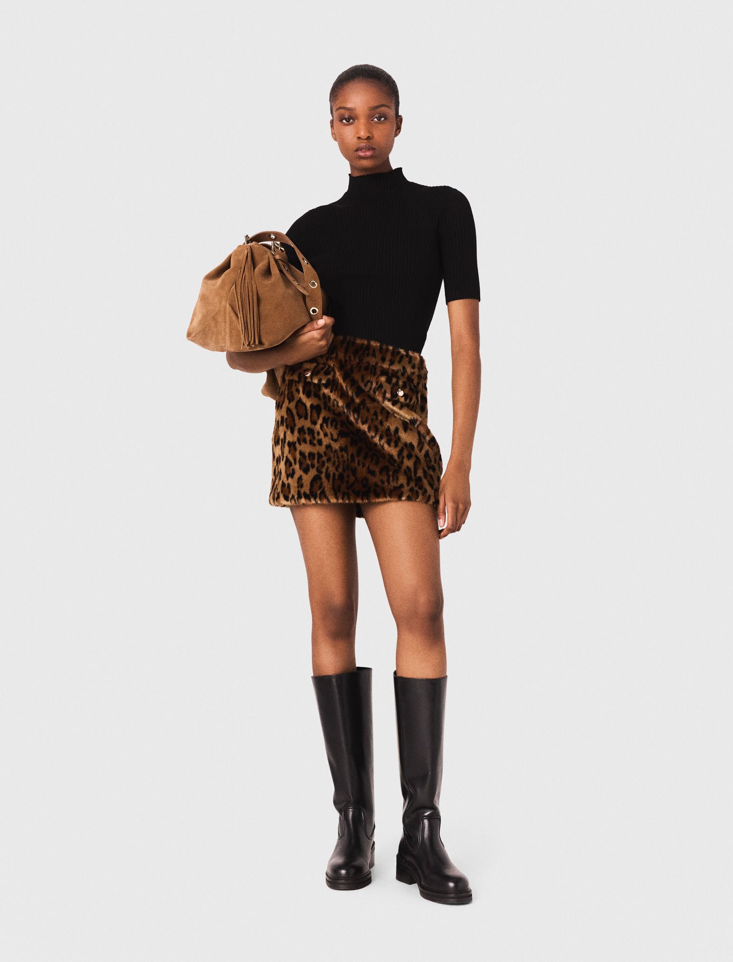 Maje Woman's viscose Leopard faux fur mini skirt for Fall/Winter, in color Big leopard print /