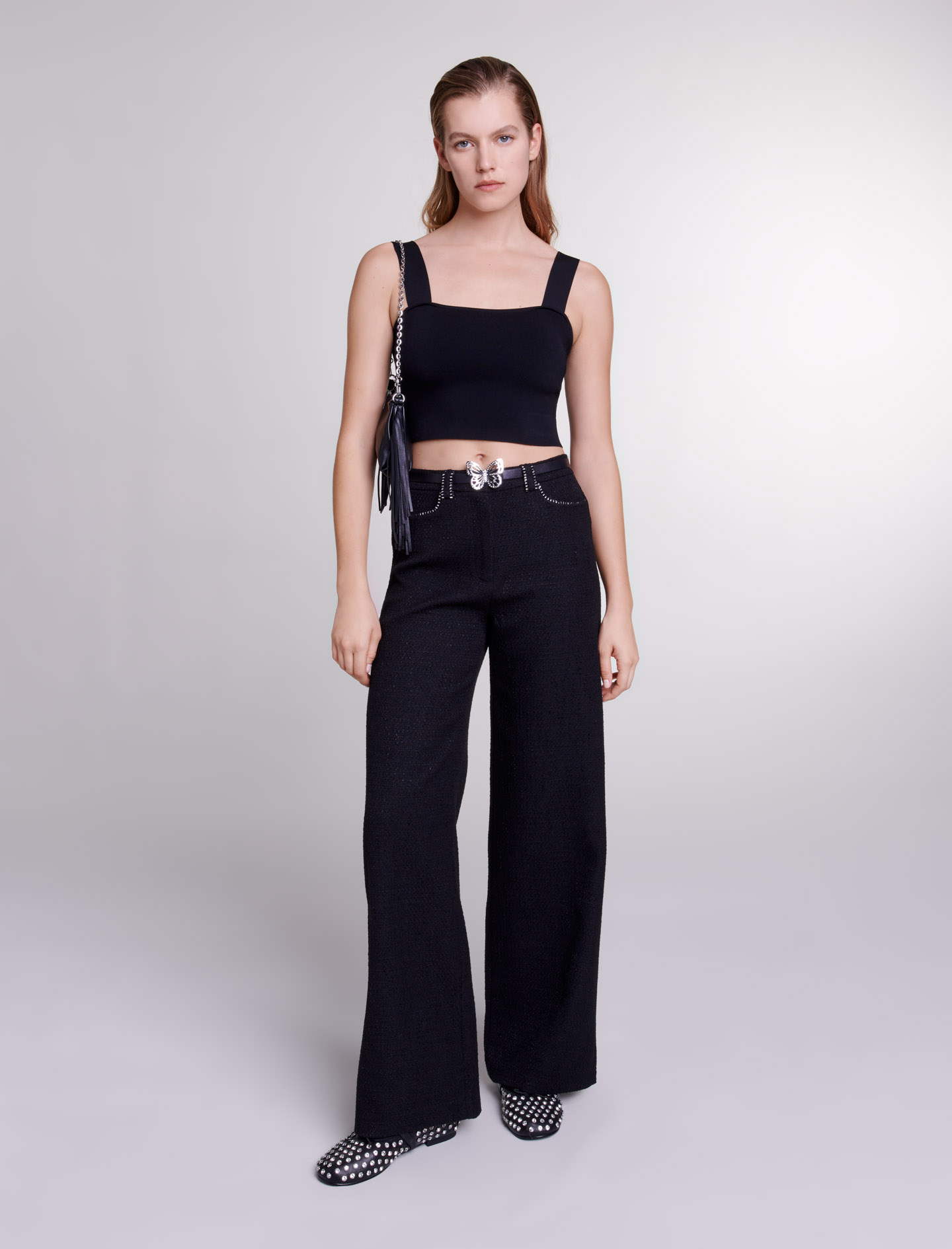 Maje Woman's polyester Belt lining: Wide-leg tweed trousers for Spring/Summer, in color Black / Black