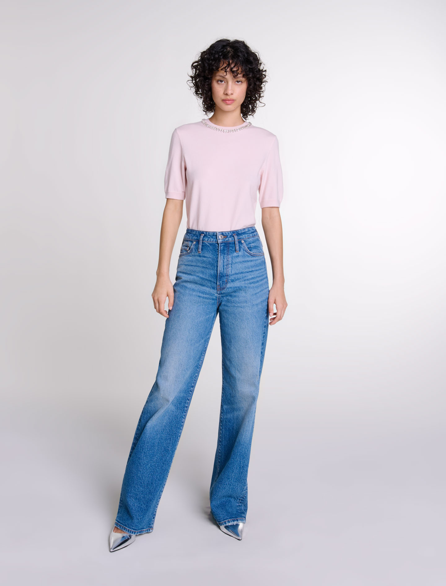 Shop Maje Woman's Wool, Knit Crop Jumper With Rhinestones For Fall/winter In Pink