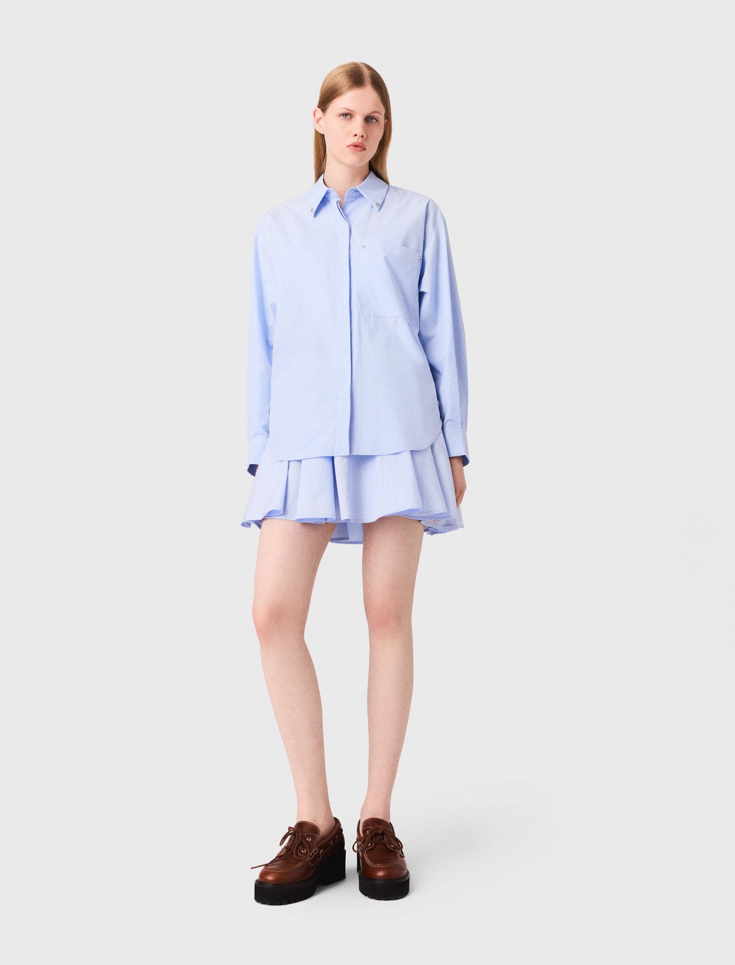 Woman's cotton Long poplin shirt for Fall/Winter, size Medium, in color Light Blue / Blue